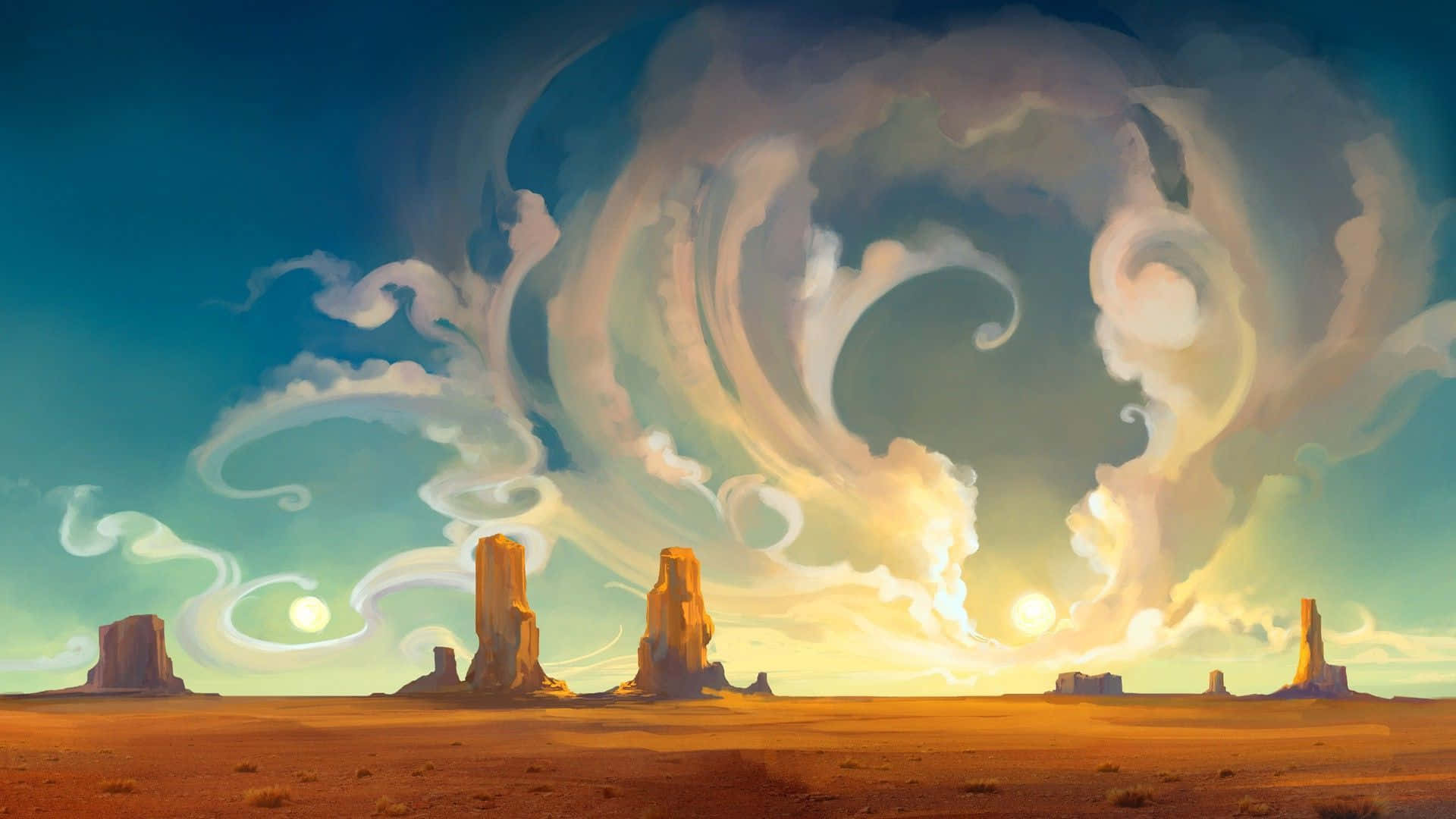 surreal desert landscape, towering rock formations, swirling cloud sky, Full HD Desktop Wallpaper