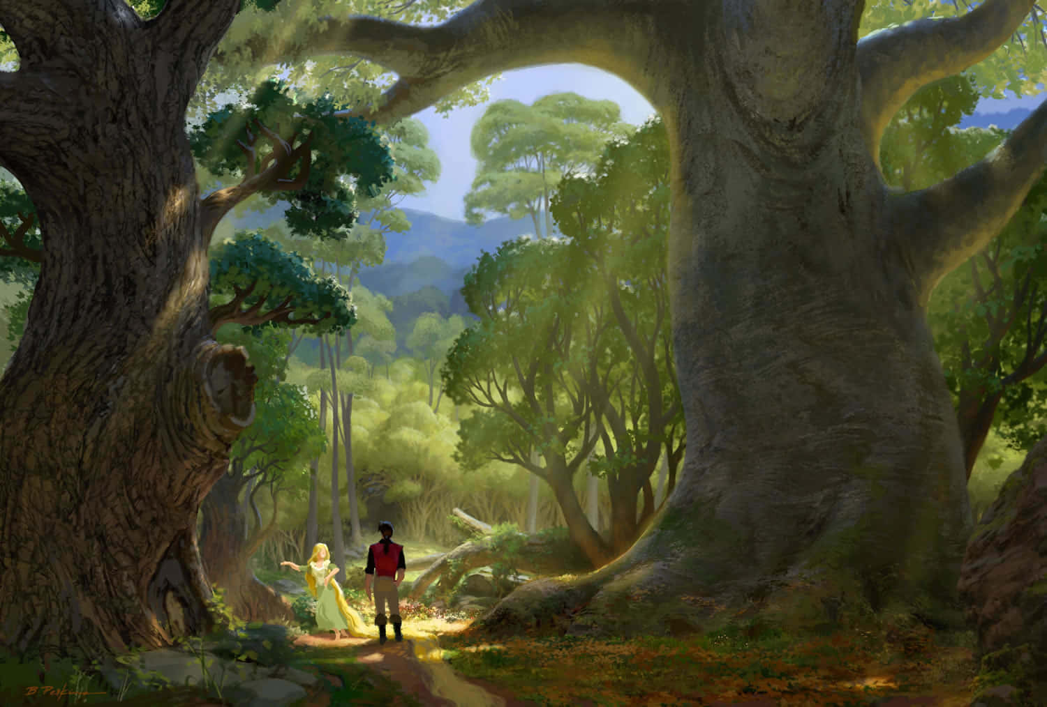 sunlit forest, massive ancient trees, dappled light, HD Desktop Wallpaper