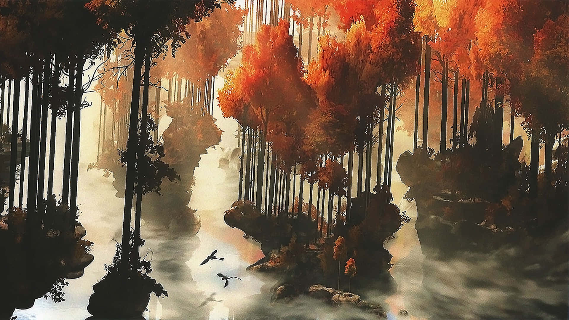 Abstract Explosion, surreal forest, fiery orange trees, Full HD Desktop Wallpaper