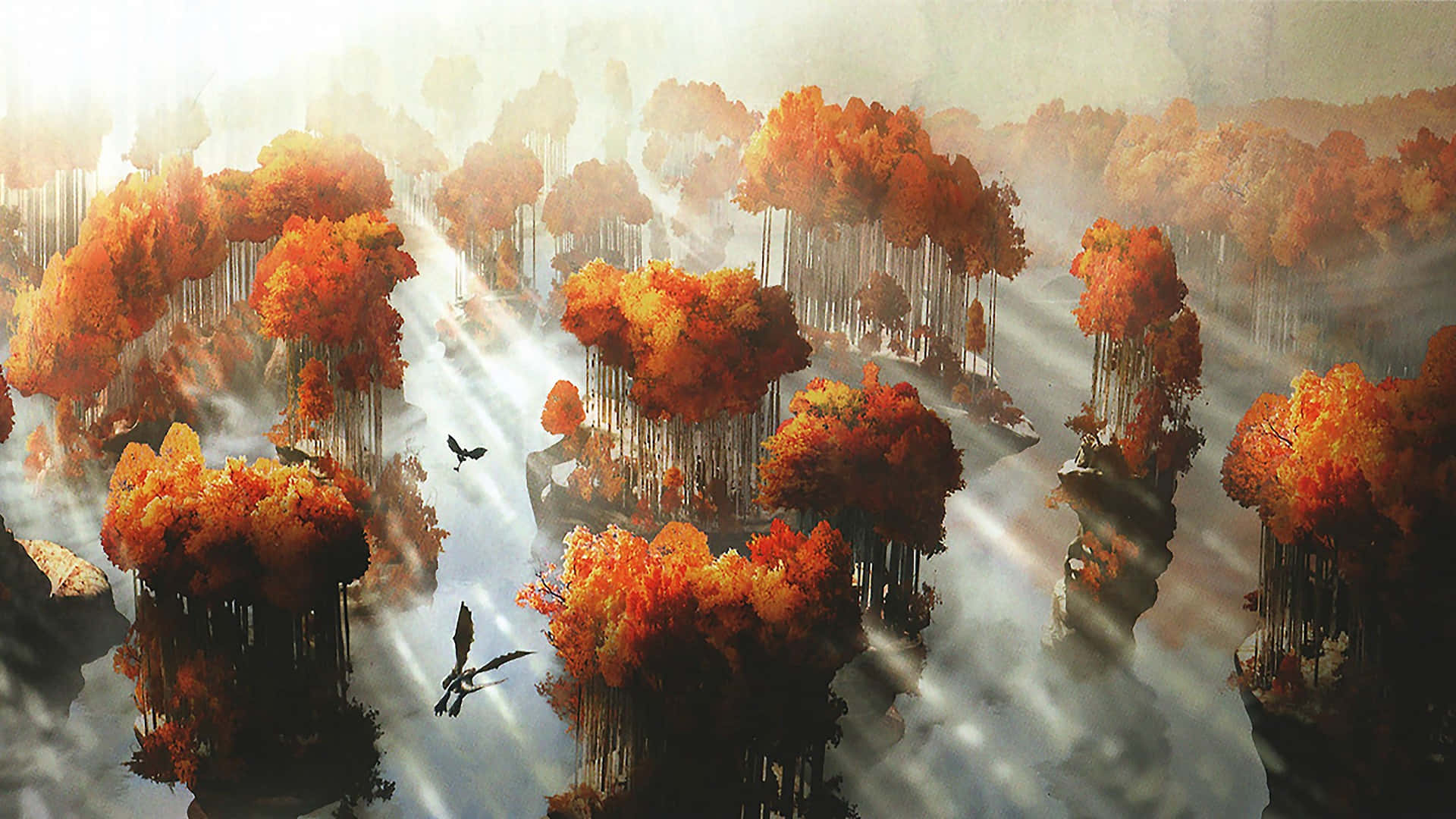 sunlight beams, mist, floating islands, Full HD Desktop Wallpaper