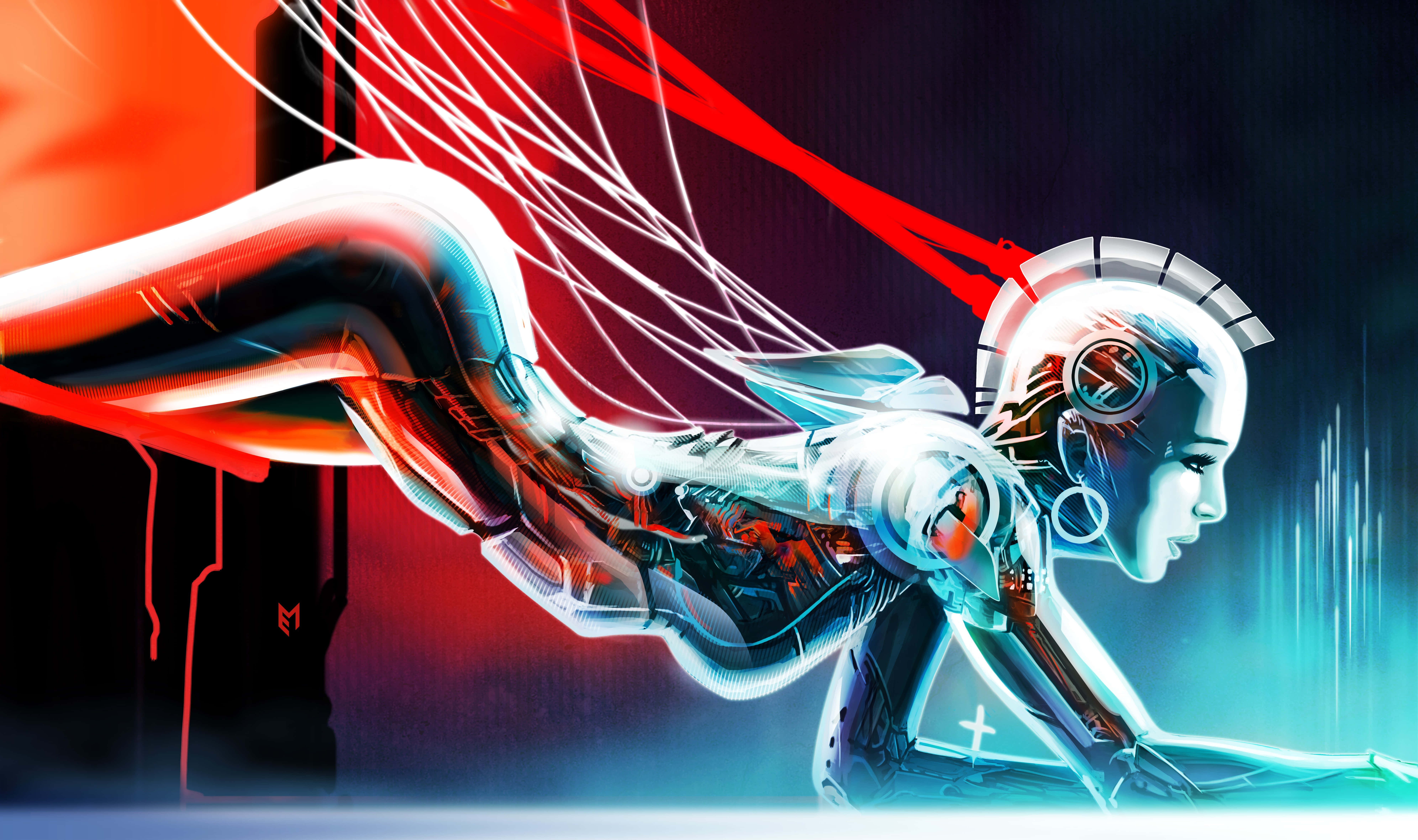 cybernetic woman, glowing blue and red circuitry, futuristic, 8K Desktop Wallpaper