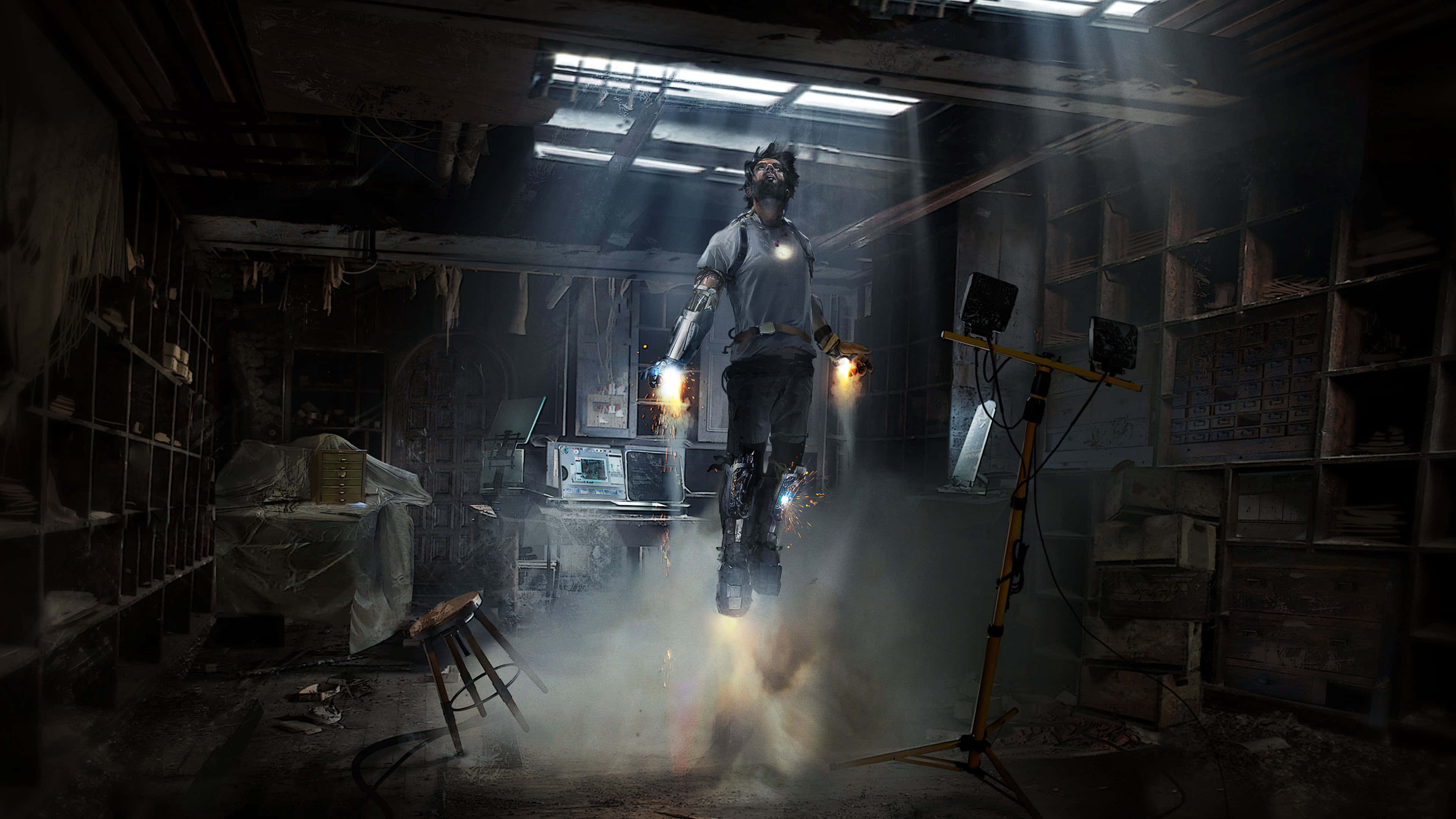 jetpack, dusty abandoned warehouse, overhead fluorescents, 4K Desktop Wallpaper