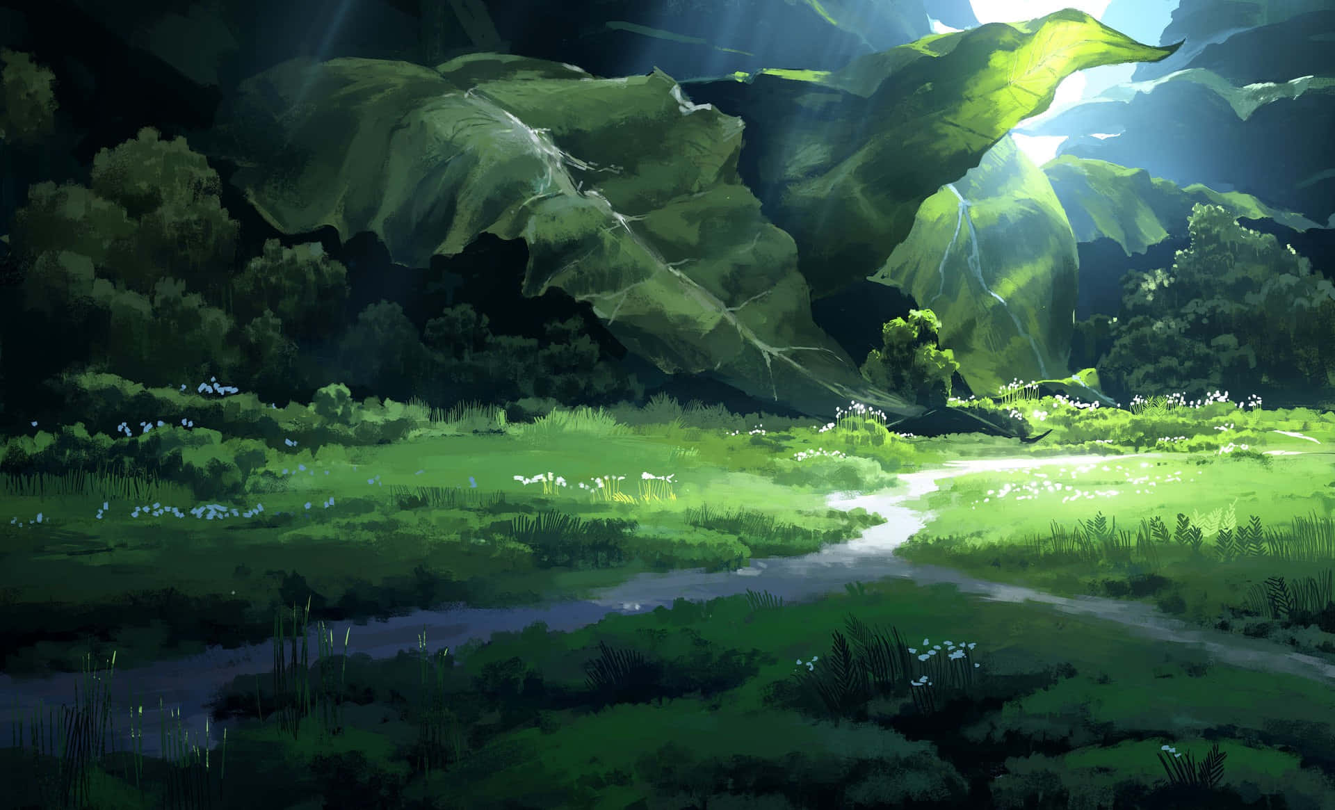 Sunlight, giant leaves, lush green meadow, Full HD Desktop Wallpaper