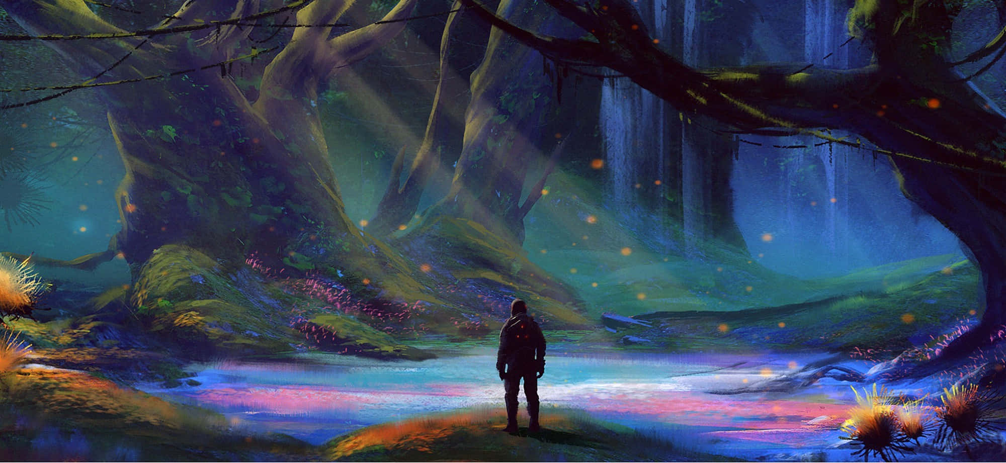 mystical forest, glowing orbs, cascading waterfalls, Full HD Desktop Wallpaper