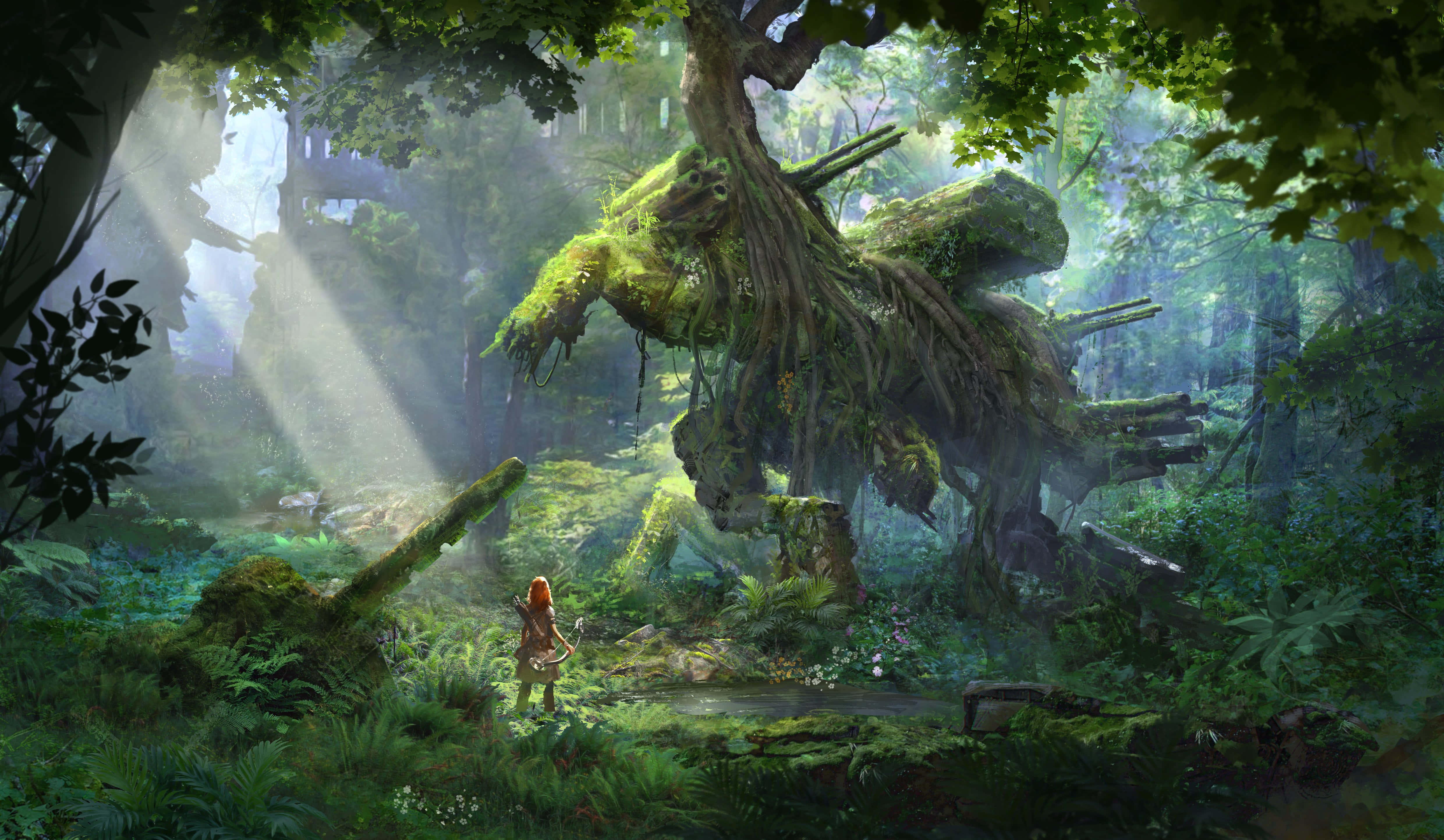 conceptual art, moss-covered tree, sun-dappled enchanted forest, 4K Desktop Wallpaper