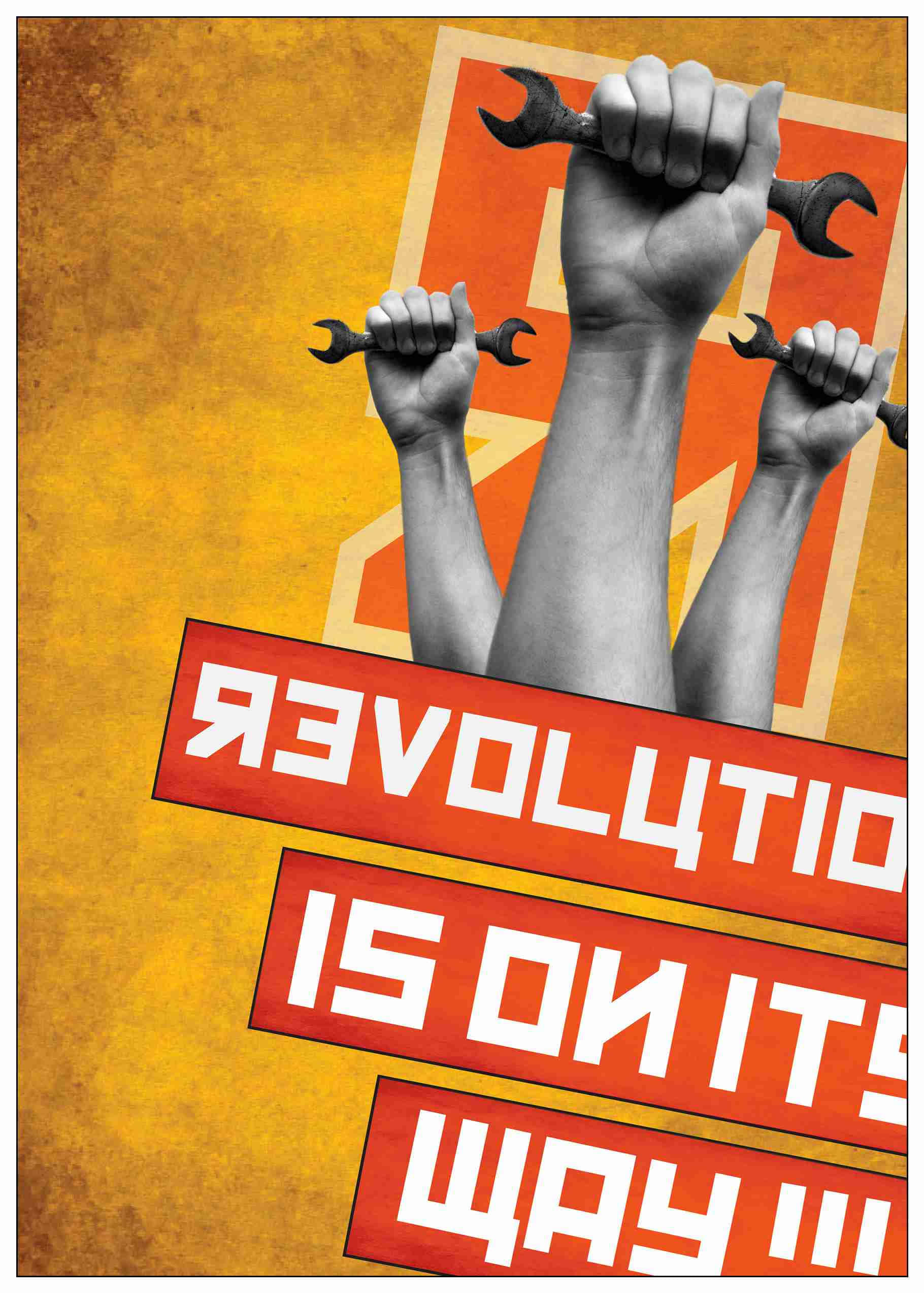 Constructivism, three raised fists, wrenches, Full HD Phone Wallpaper