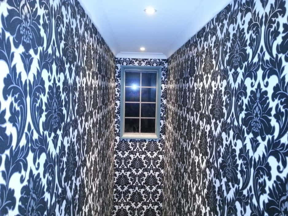 installation art, black and white damask wallpaper, narrow hallway, SD Desktop Wallpaper