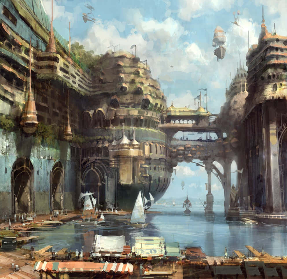 conceptual art, futuristic cityscape, floating airships, SD Desktop Wallpaper