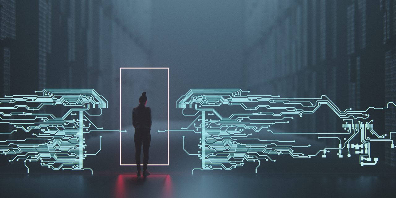 imperative thinking, glowing doorway, towering server racks, HD Desktop Wallpaper