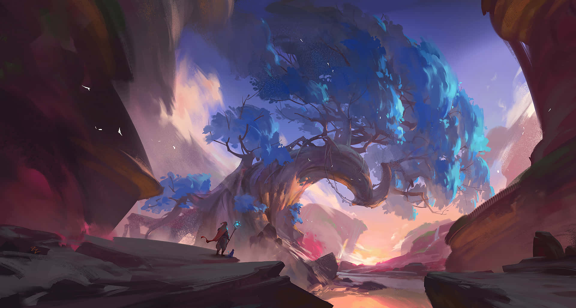 conceptual art, blue tree, surreal canyon, Full HD Desktop Wallpaper