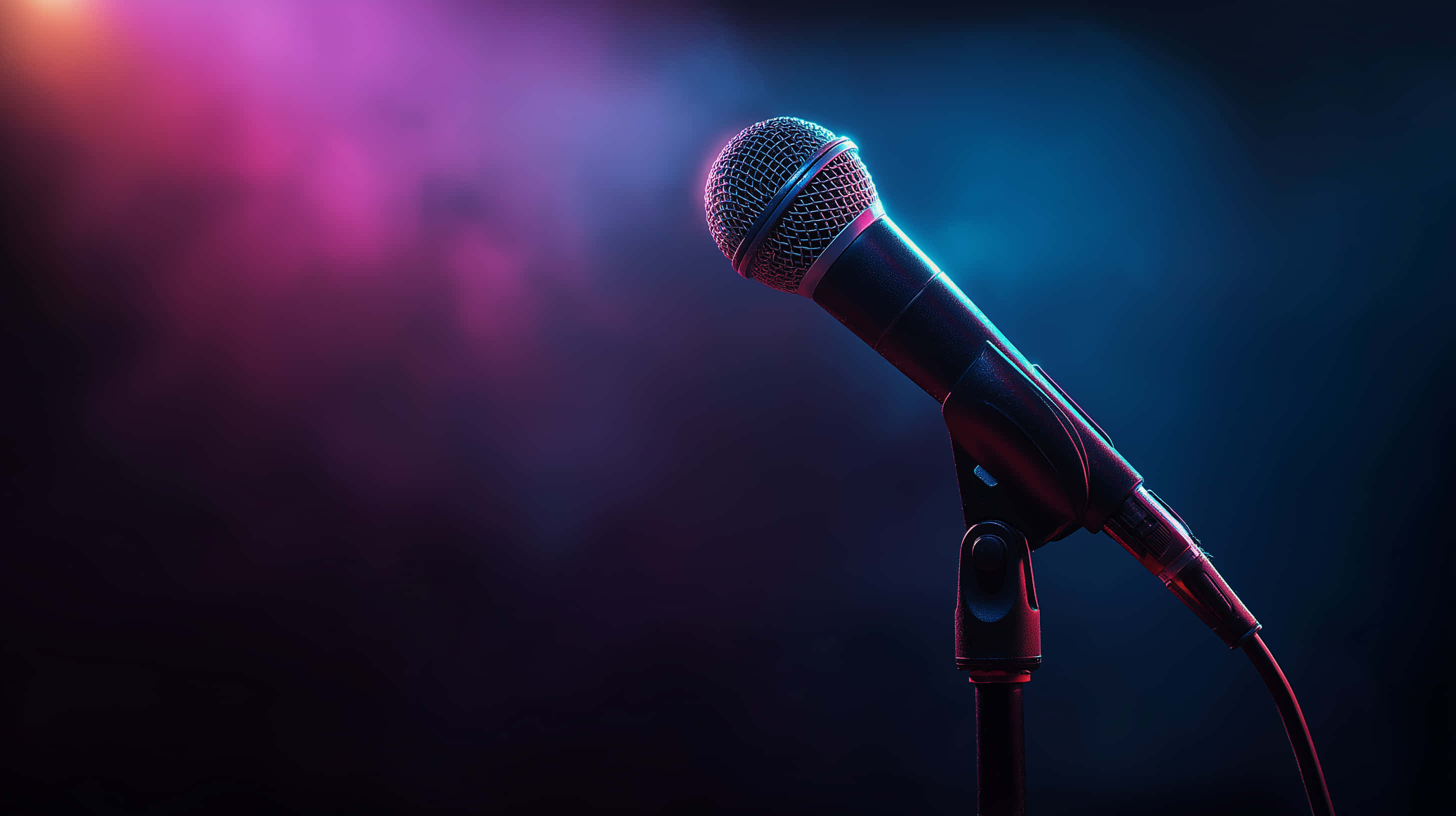 vintage microphone, pink and blue stage lights, smoky dark background, 2K Desktop Wallpaper