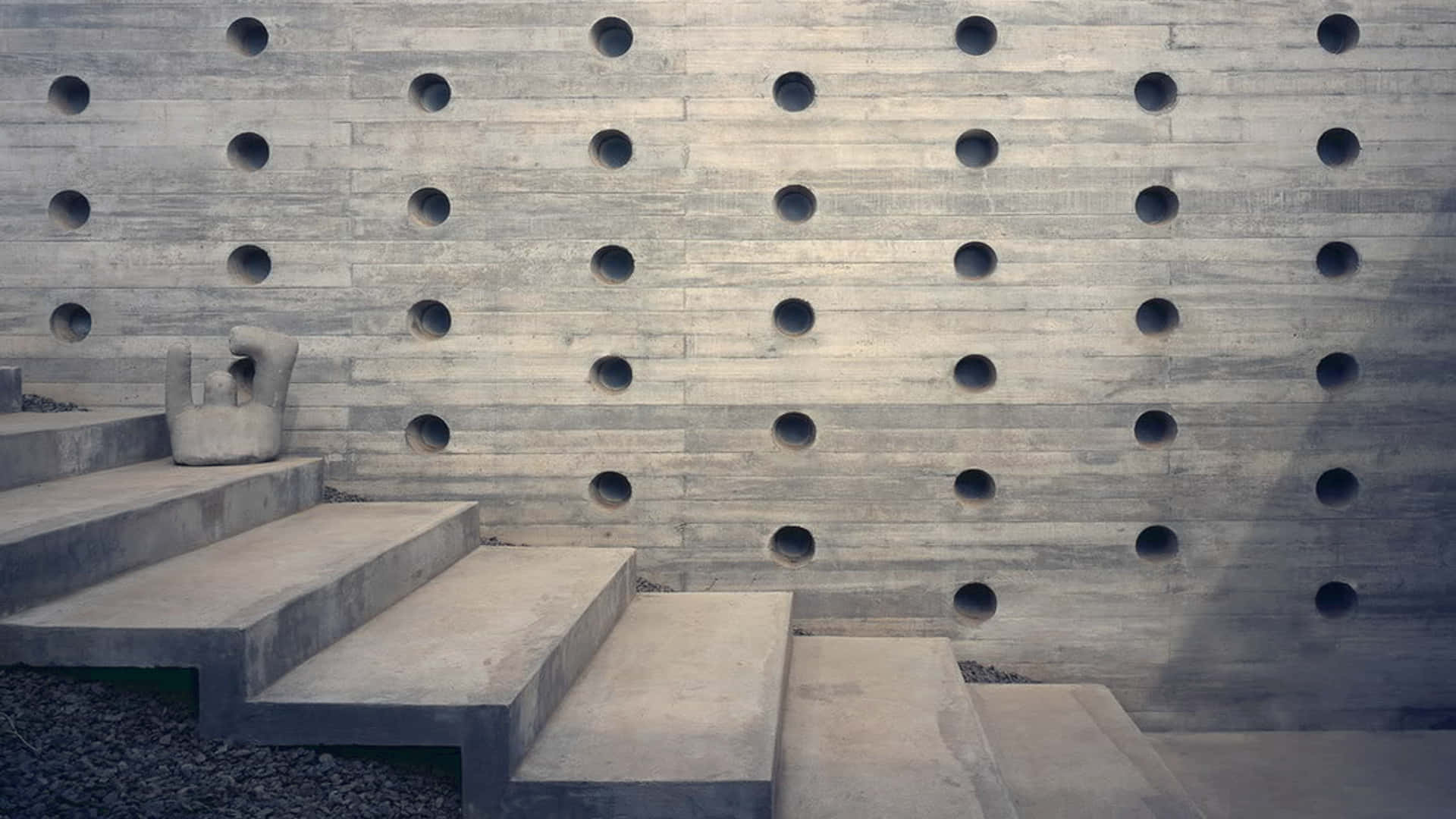 modern concrete steps, textured wall, circular holes, Full HD Desktop Wallpaper