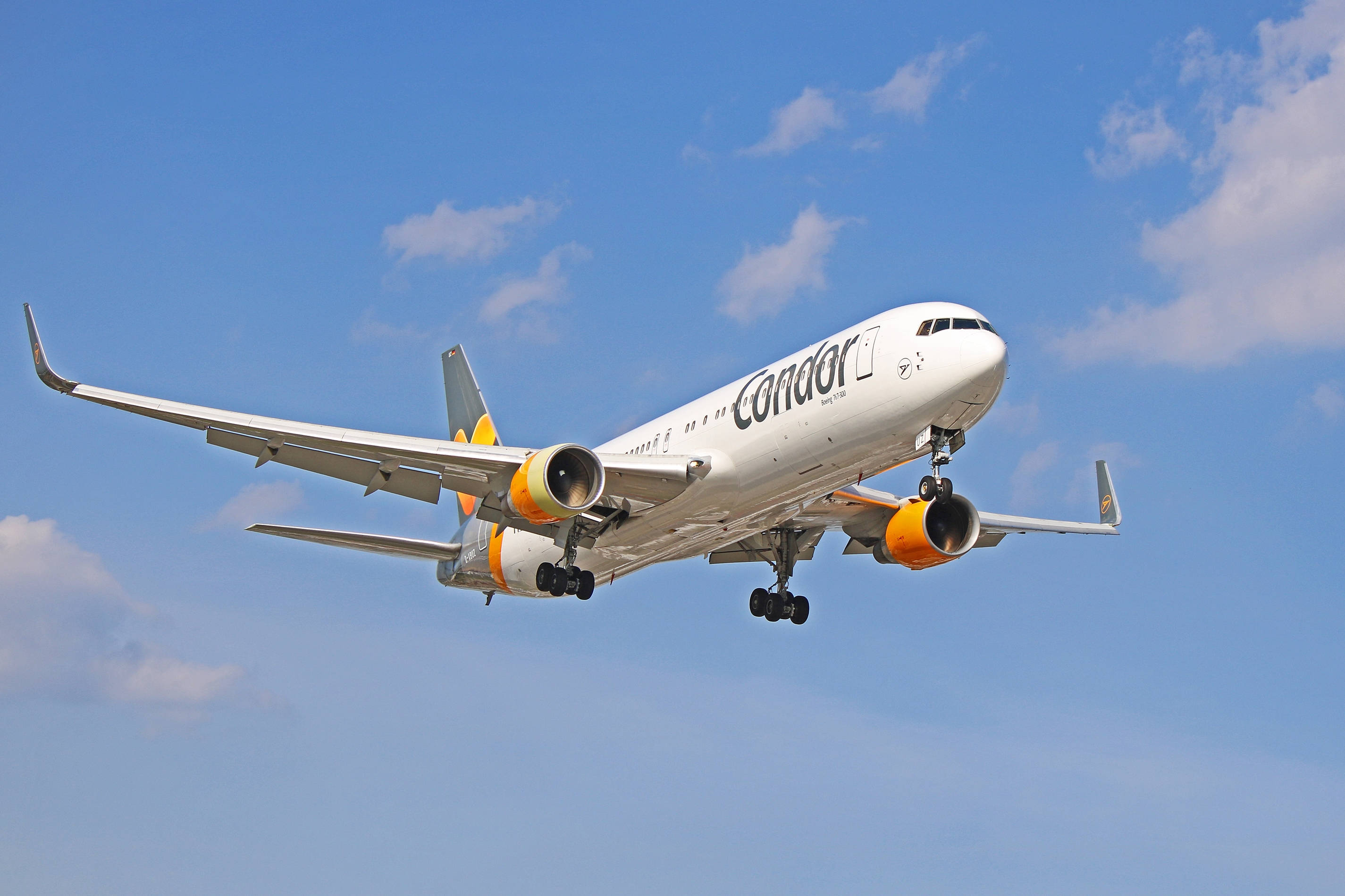Condor Airlines, orange engines, bright blue sky, 2K Desktop Wallpaper