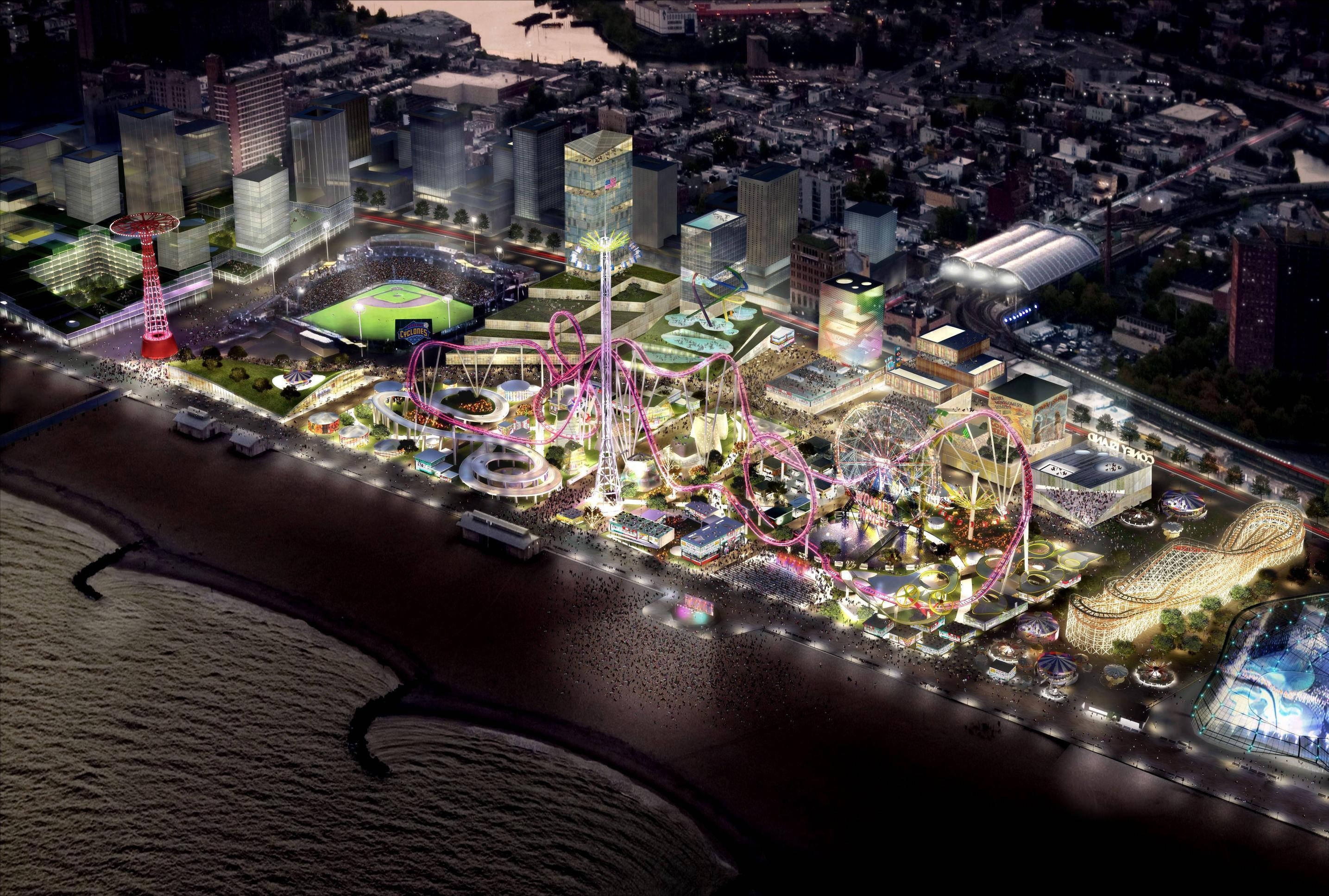 Coney Island, aerial view, nighttime amusement park, 2K Desktop Wallpaper