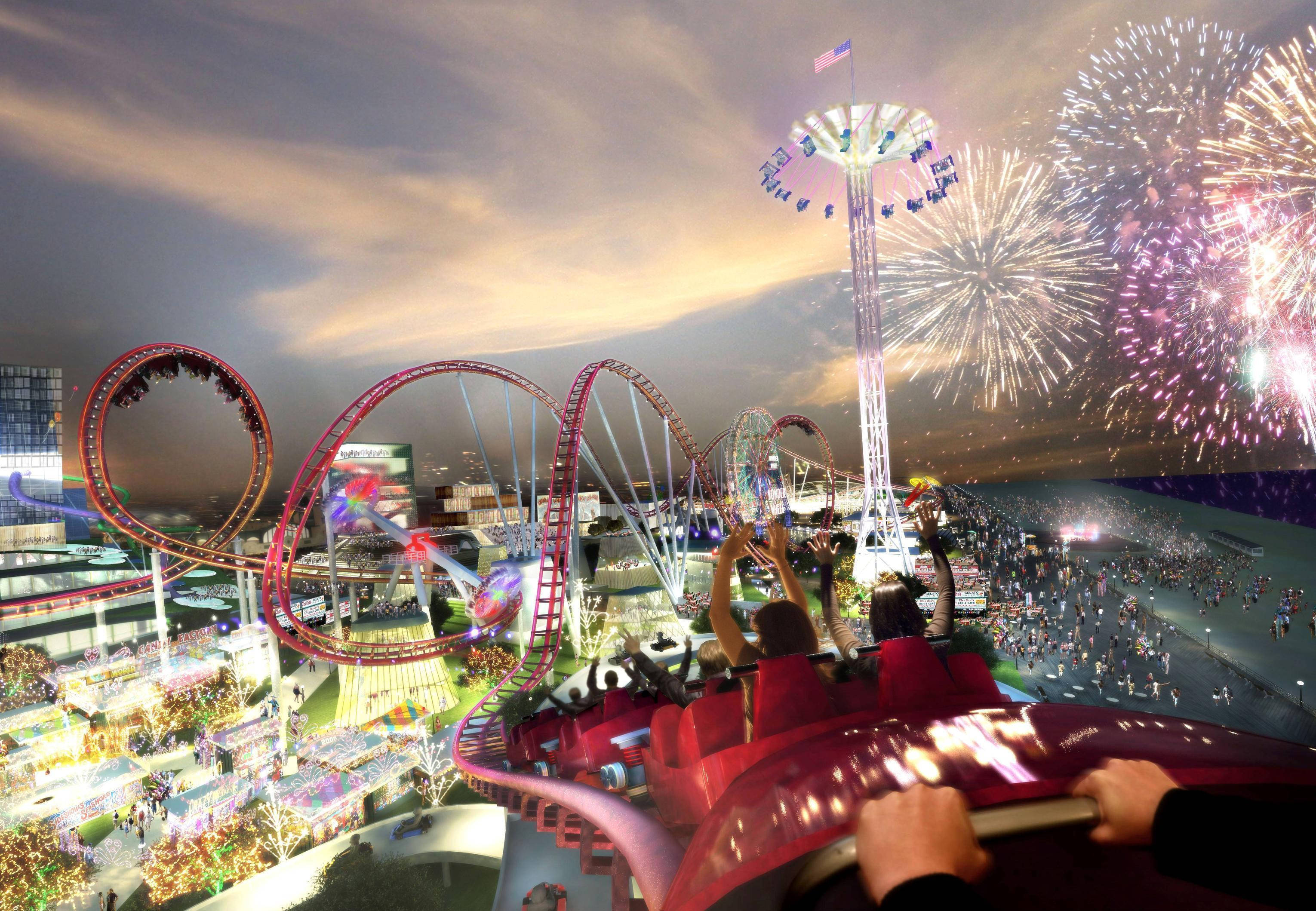 Coney Island, red roller coaster, fireworks, 2K Desktop Wallpaper