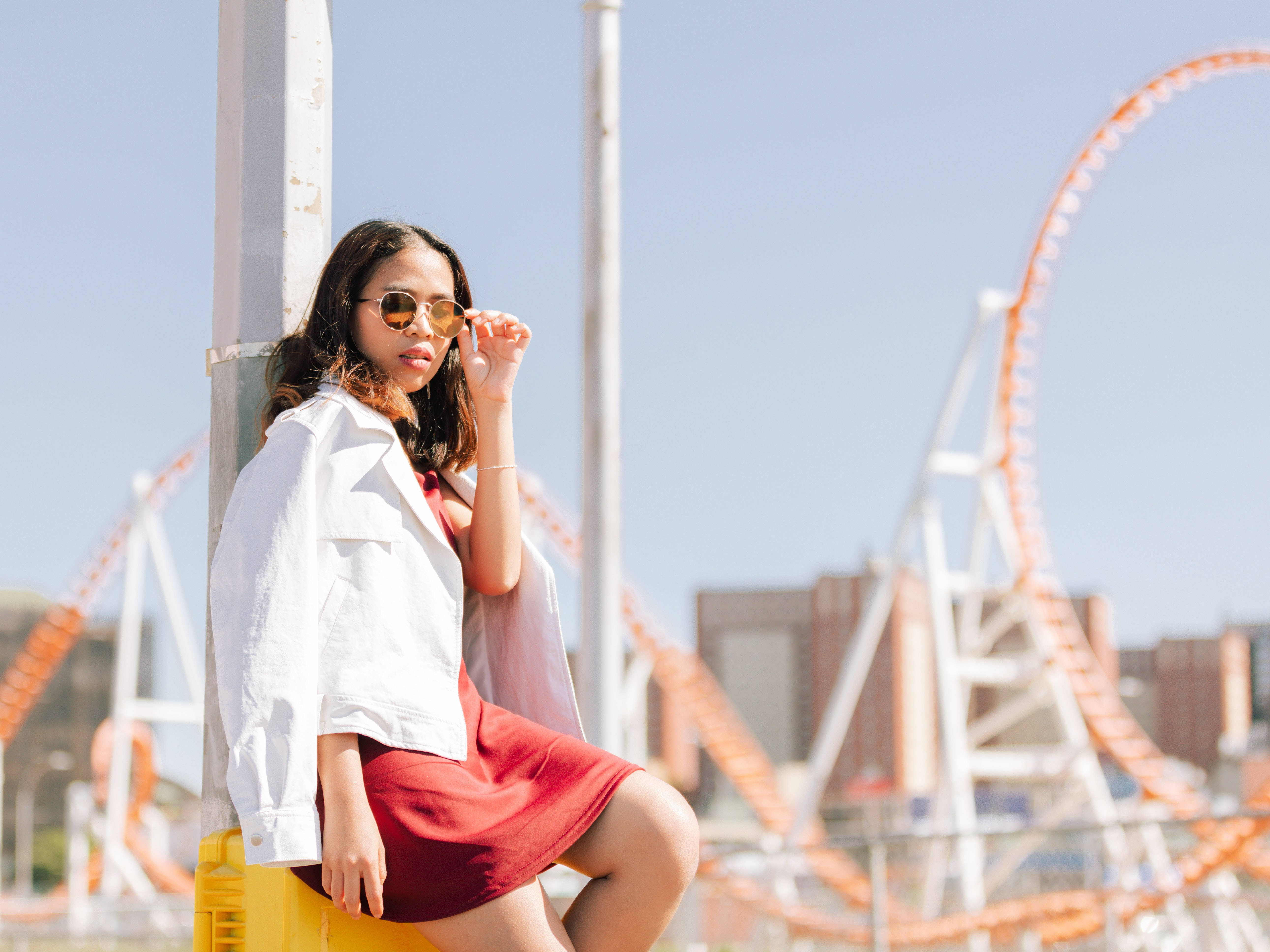 Coney Island Girl, red dress, orange roller coaster, 5K Desktop Wallpaper