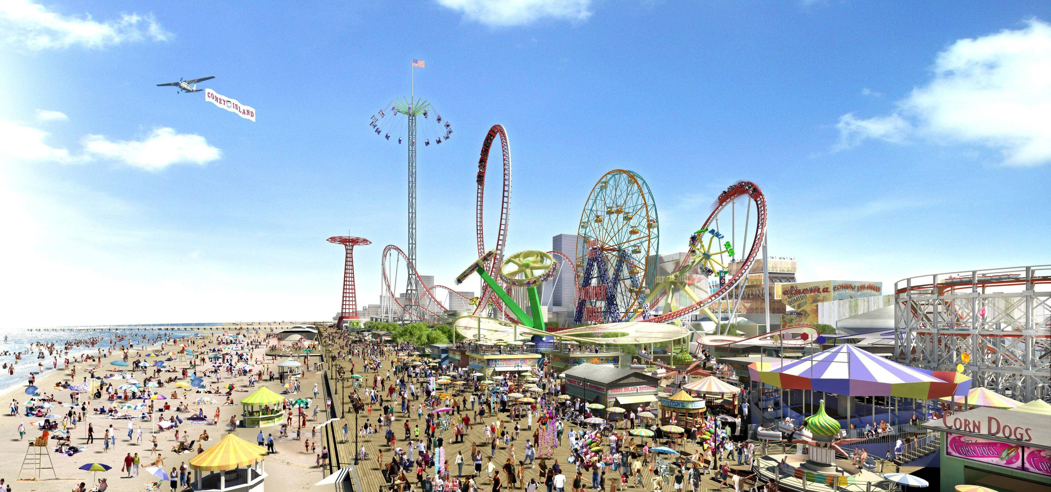 Coney Island, white clouds, bustling beachside amusement park, 2K Desktop Wallpaper
