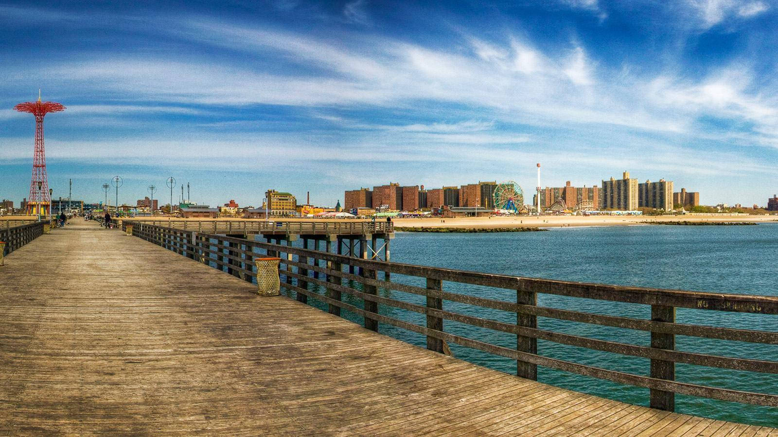 Coney Island Beach, red Ferris wheel, vibrant boardwalk, HD Desktop Wallpaper