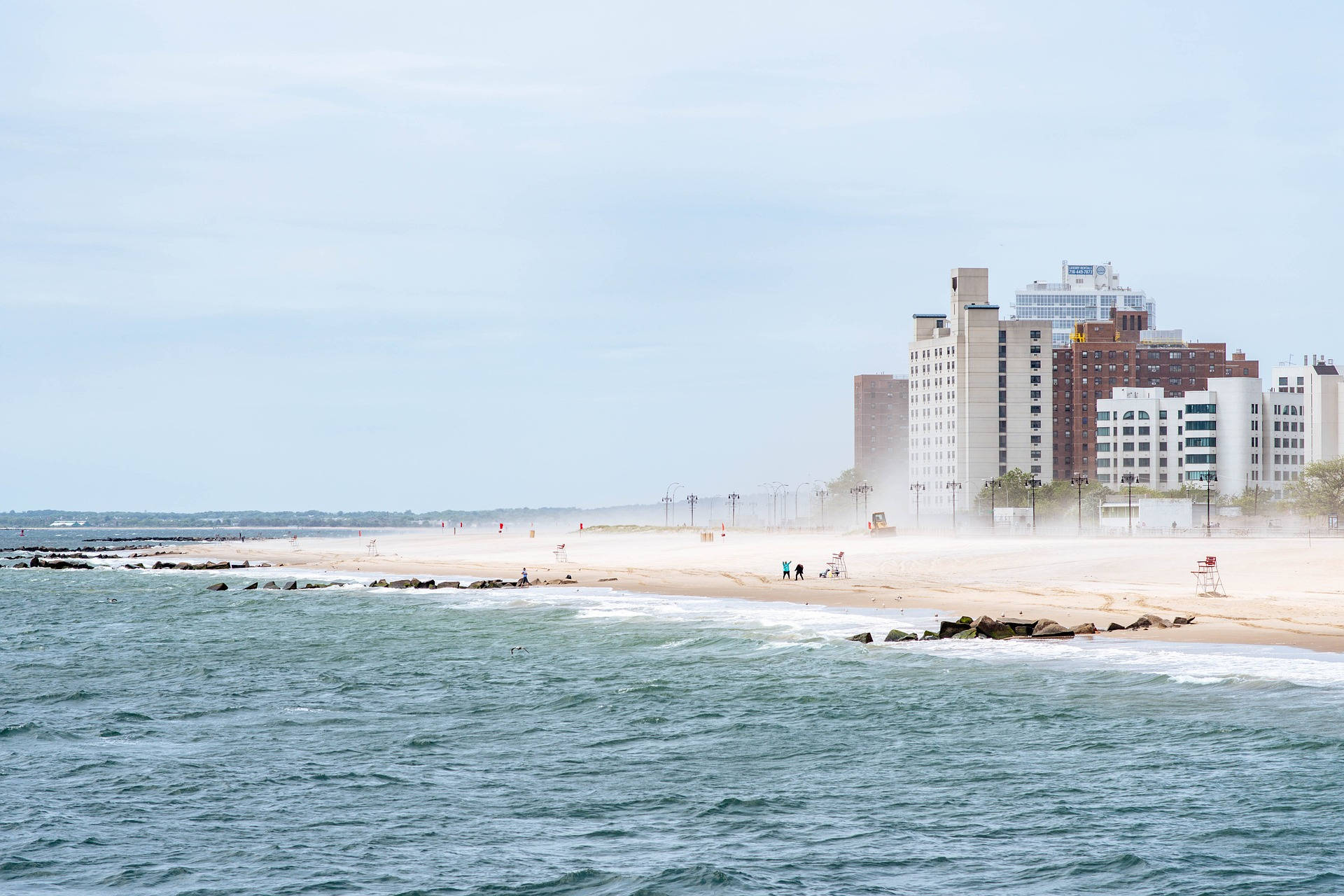 Coney Island Beach, clear water, modern coastal buildings, Full HD Desktop Wallpaper