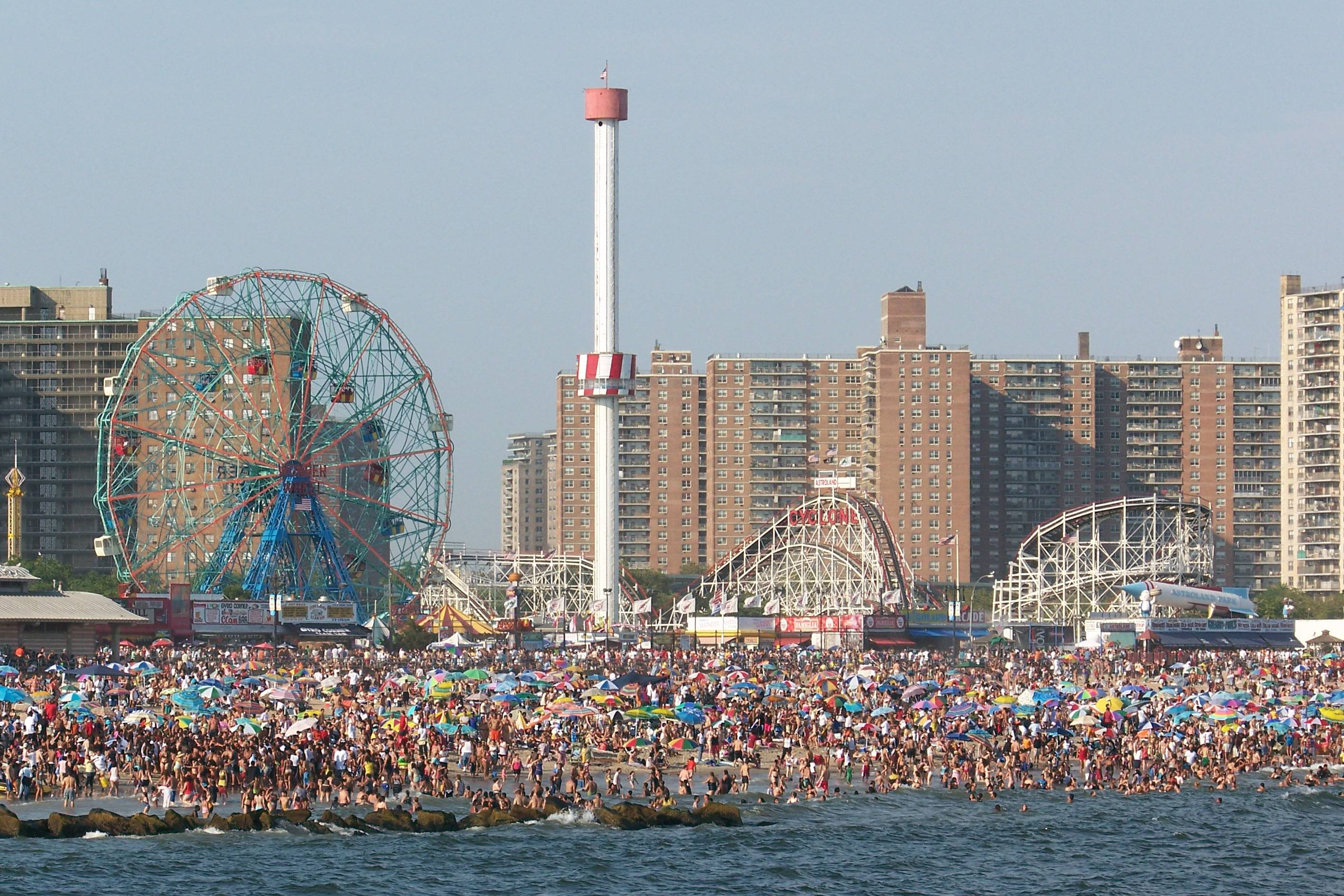 Coney Island, giant Ferris wheel, roller coaster, 2K Desktop Wallpaper