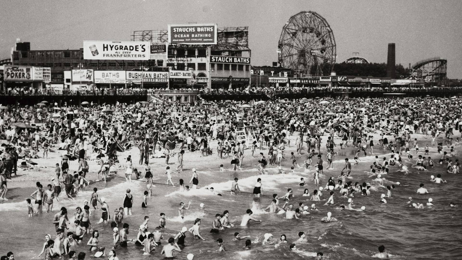 Coney Island, vintage bathhouses, towering Ferris wheel, Full HD Desktop Wallpaper