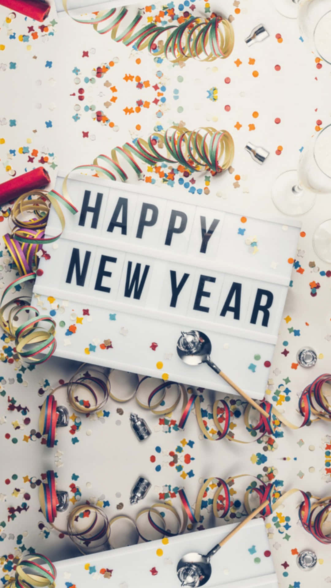 Happy New Year, colorful confetti, party streamers, Full HD Phone Wallpaper