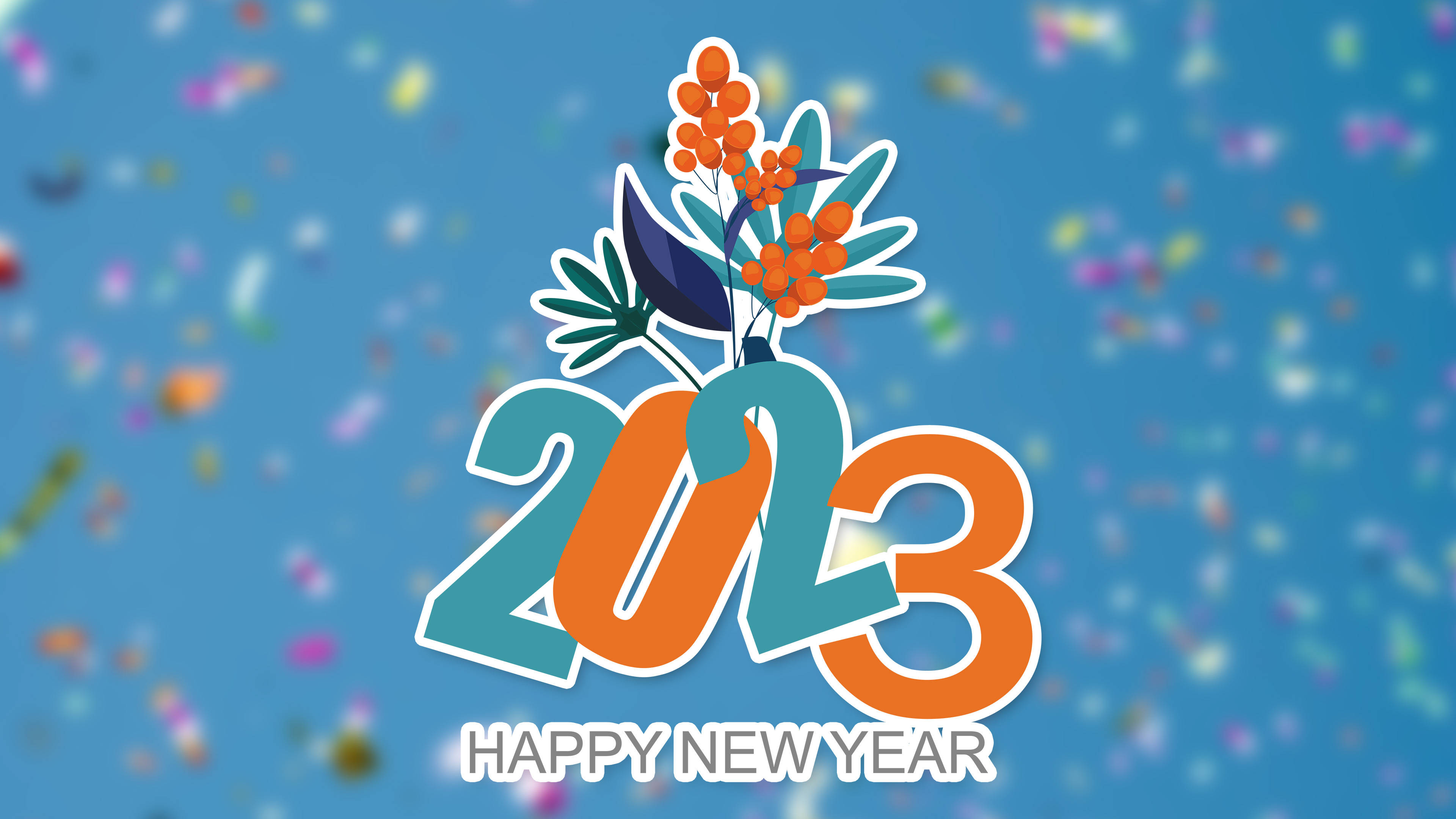 Vibrant Confetti, Happy New Year 2023, stylized flowers, 4K Desktop Wallpaper