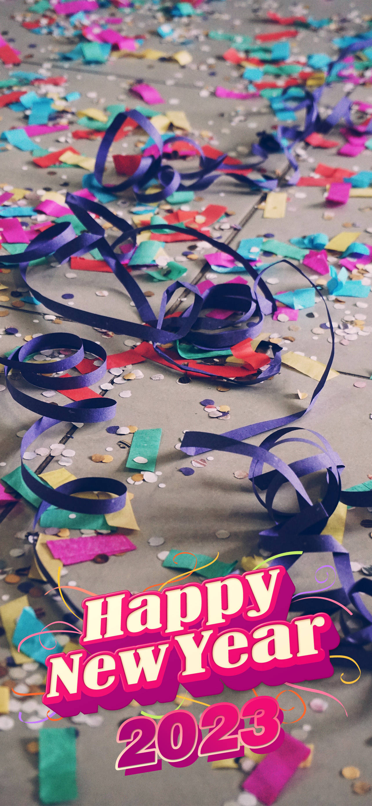Happy New Year 2023, confetti, blue streamers, 2K Phone Wallpaper