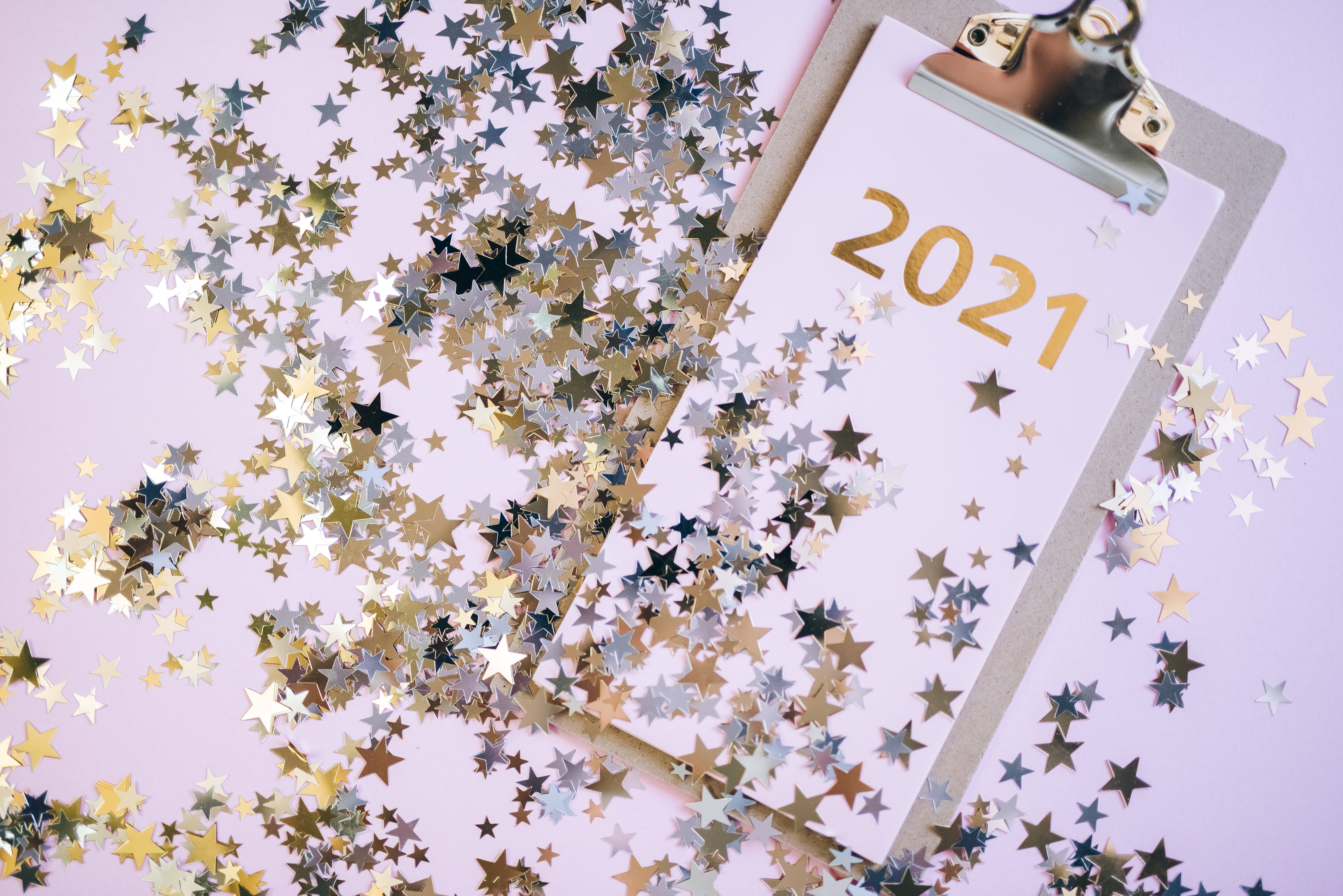 Confetti Stars 2021, gold foil, gold and silver star confetti, 5K Desktop Wallpaper