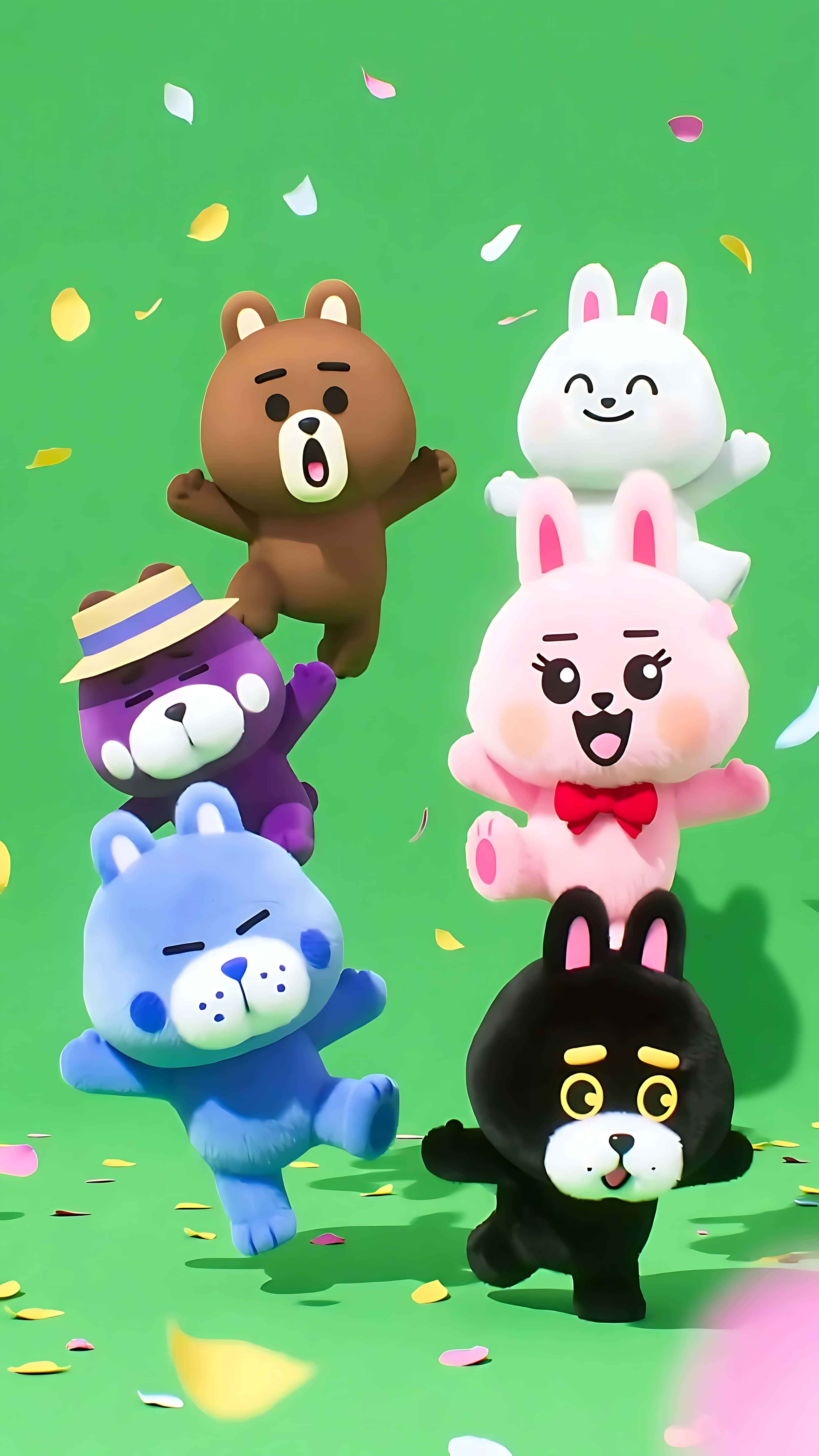 cute cartoon character plush toys, dancing, confetti, 5K Phone Wallpaper