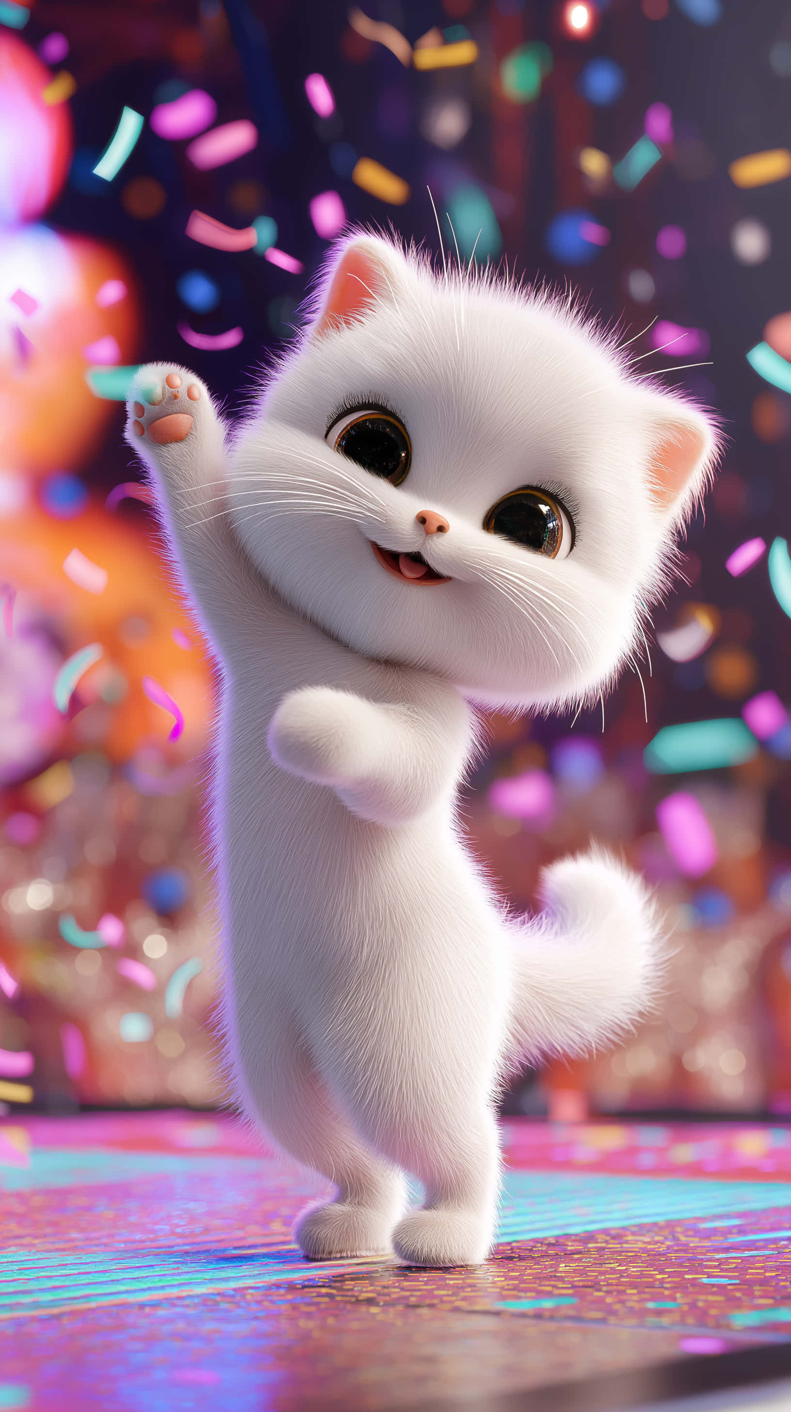 fluffy white kitten, colorful confetti, vibrant festive setting, 2K Phone Wallpaper