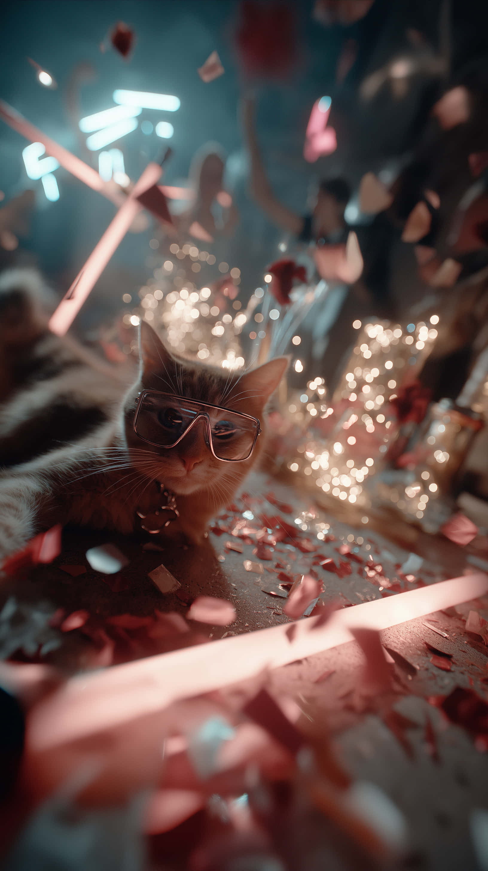 cool feline, eyewear, red confetti, 2K Phone Wallpaper