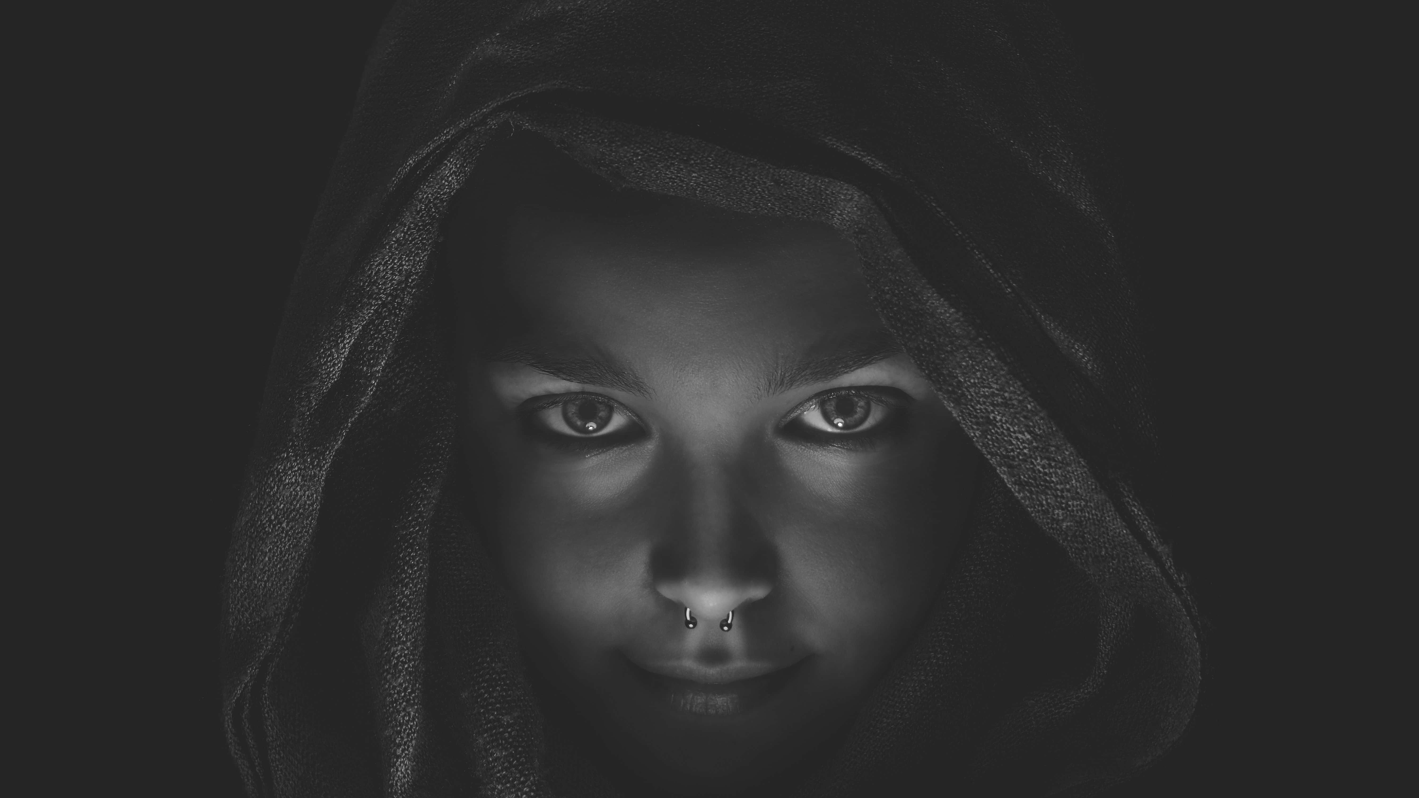 black and white photo, hooded cloak, piercing eyes, 5K Desktop Wallpaper
