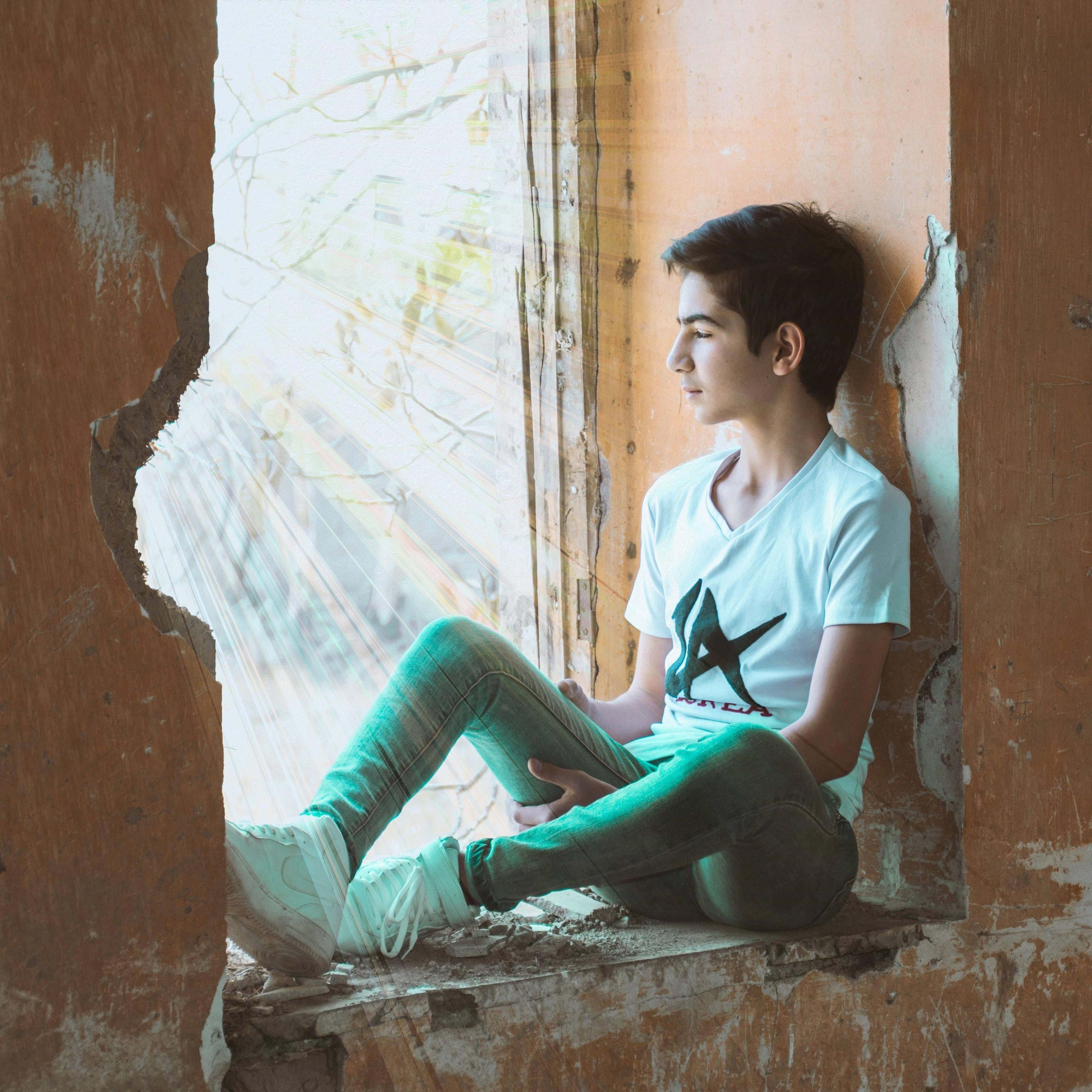 4K resolution, trendy young boy, broken window frame, 4K Desktop Wallpaper