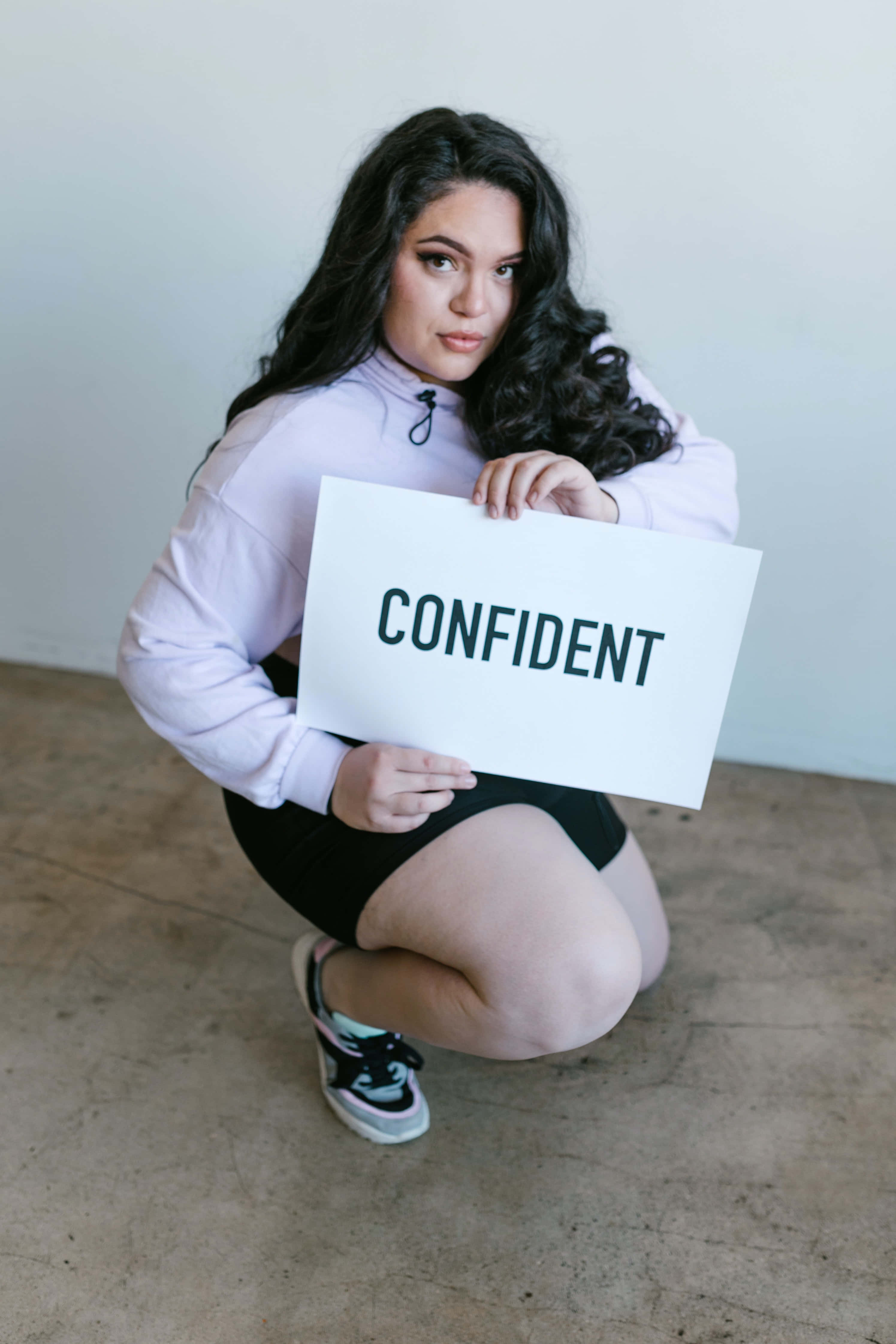 curvy woman, confident sign, dark curly hair, 4K Phone Wallpaper