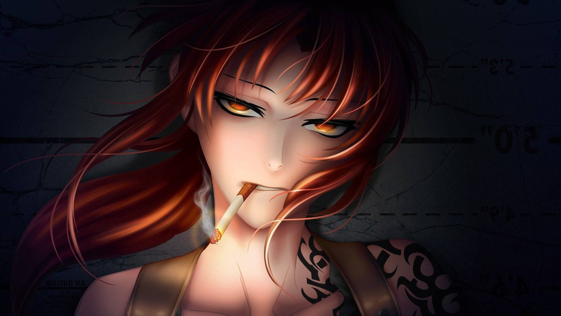 red-haired anime girl, glowing orange eyes, smokes a cigarette, Full HD Desktop Wallpaper