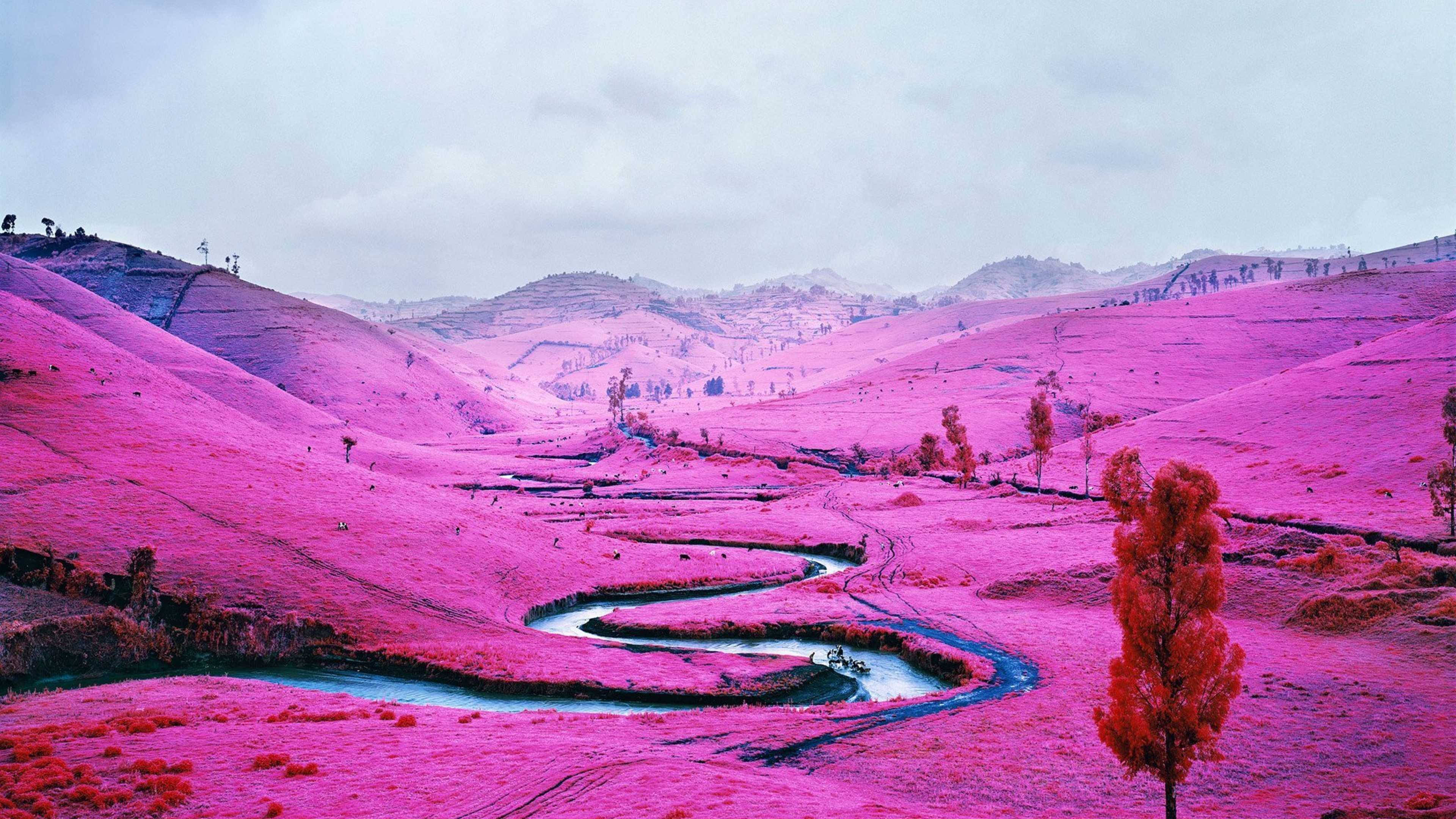 pink mountain, Congo, winding river, 4K Desktop Wallpaper