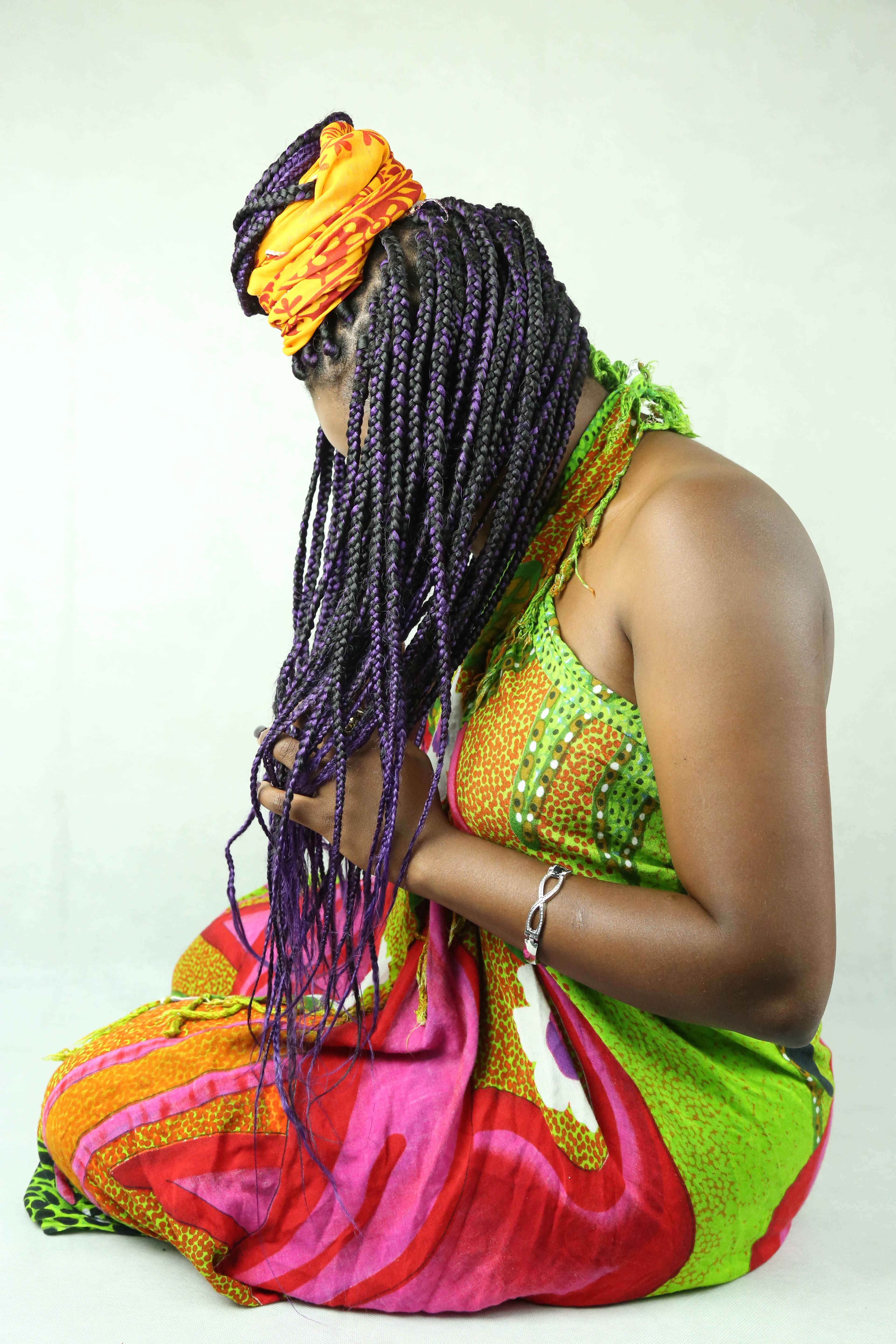 Congo, vibrant purple braids, colorful patterned dress, 5K Phone Wallpaper
