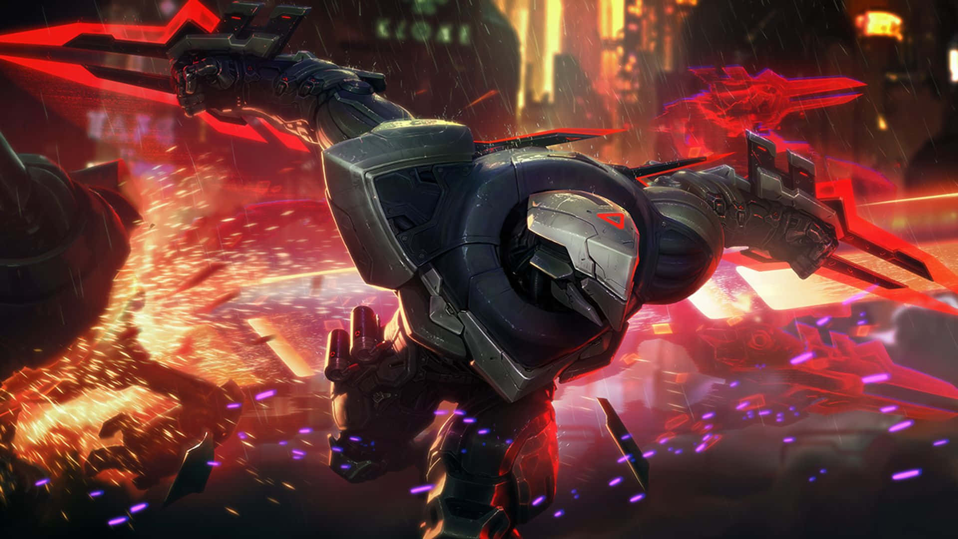 futuristic armored warrior, glowing red blades, fiery explosions, Full HD Desktop Wallpaper