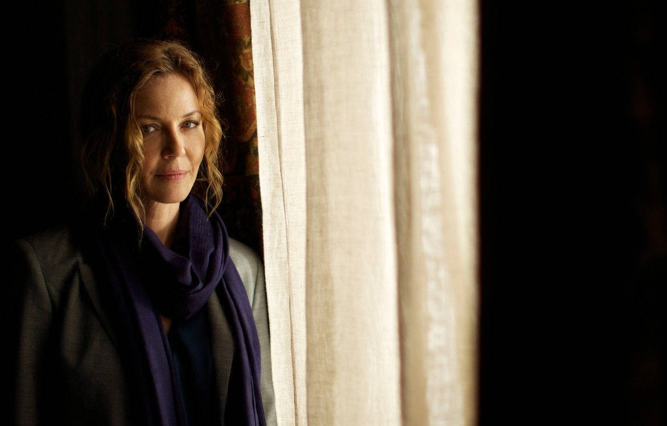 Connie Nielsen, purple scarf, sheer curtain, HD Desktop Wallpaper