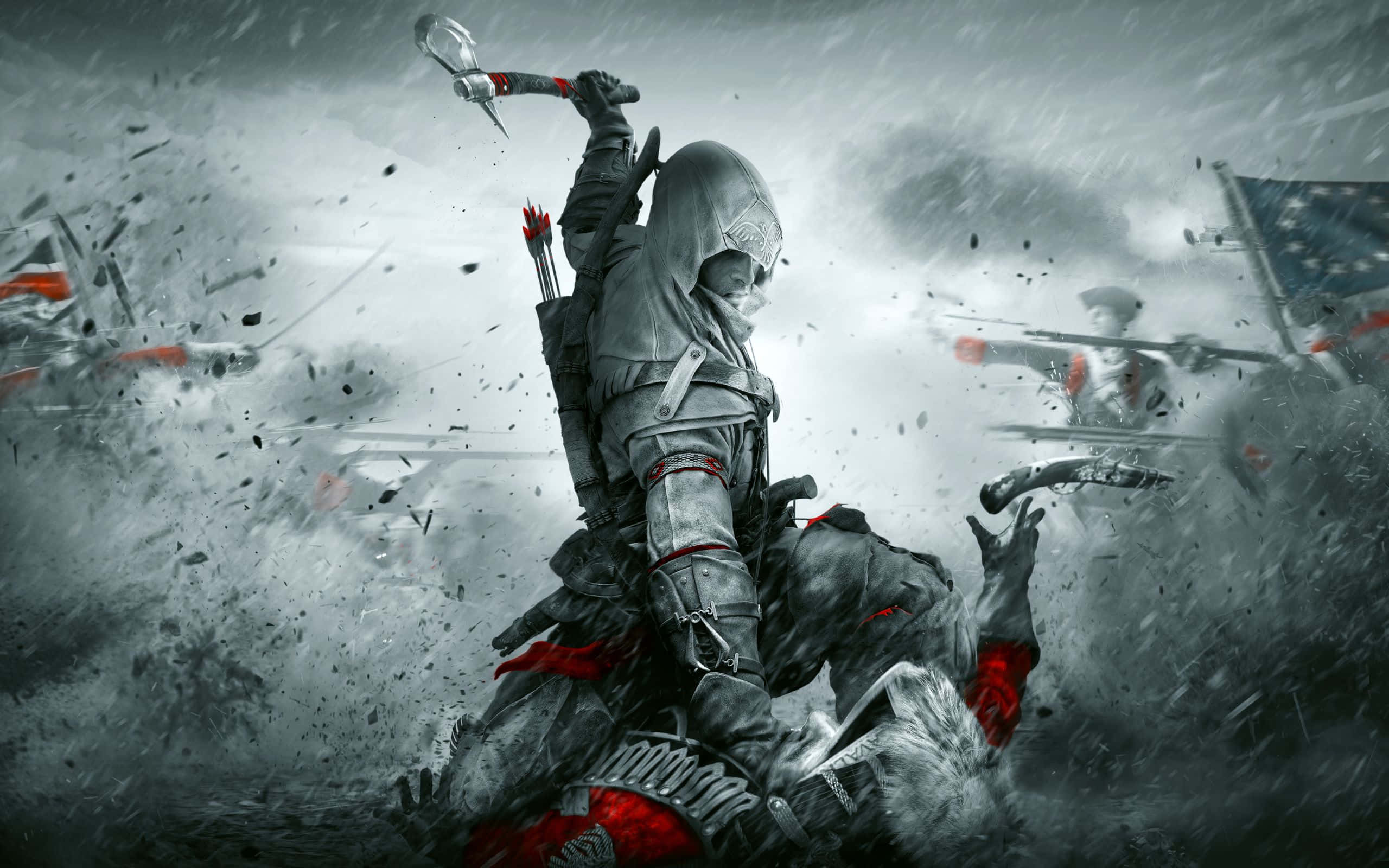 Connor Kenway, gray and red gear, hidden blade, 2K Desktop Wallpaper