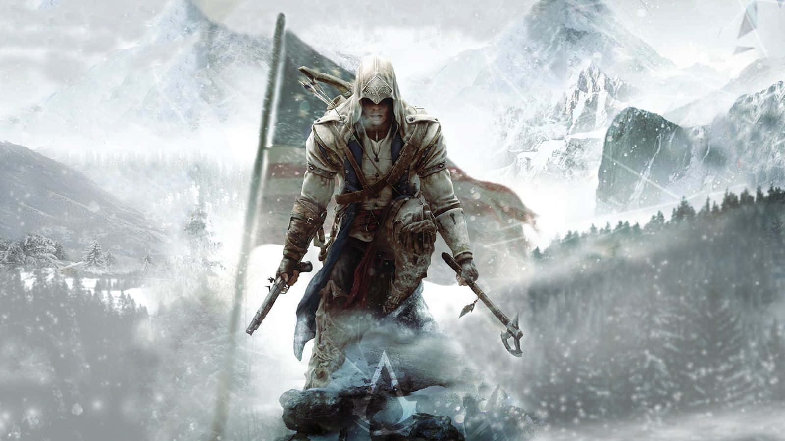 Connor Kenway, hooded assassin, snowy mountain pass, HD Desktop Wallpaper
