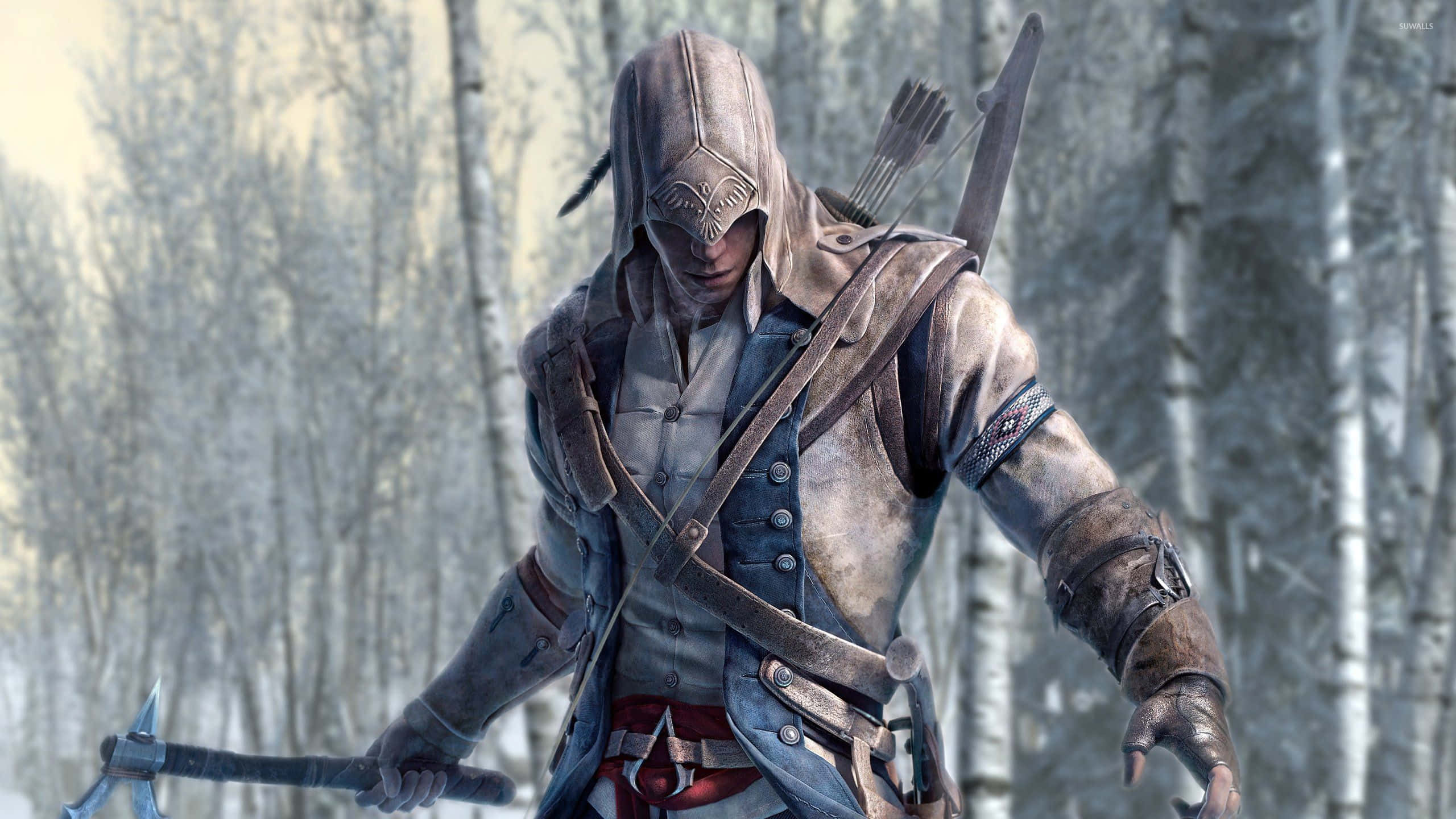 Connor Kenway, tattered leather armor, snowy birch forest, 2K Desktop Wallpaper