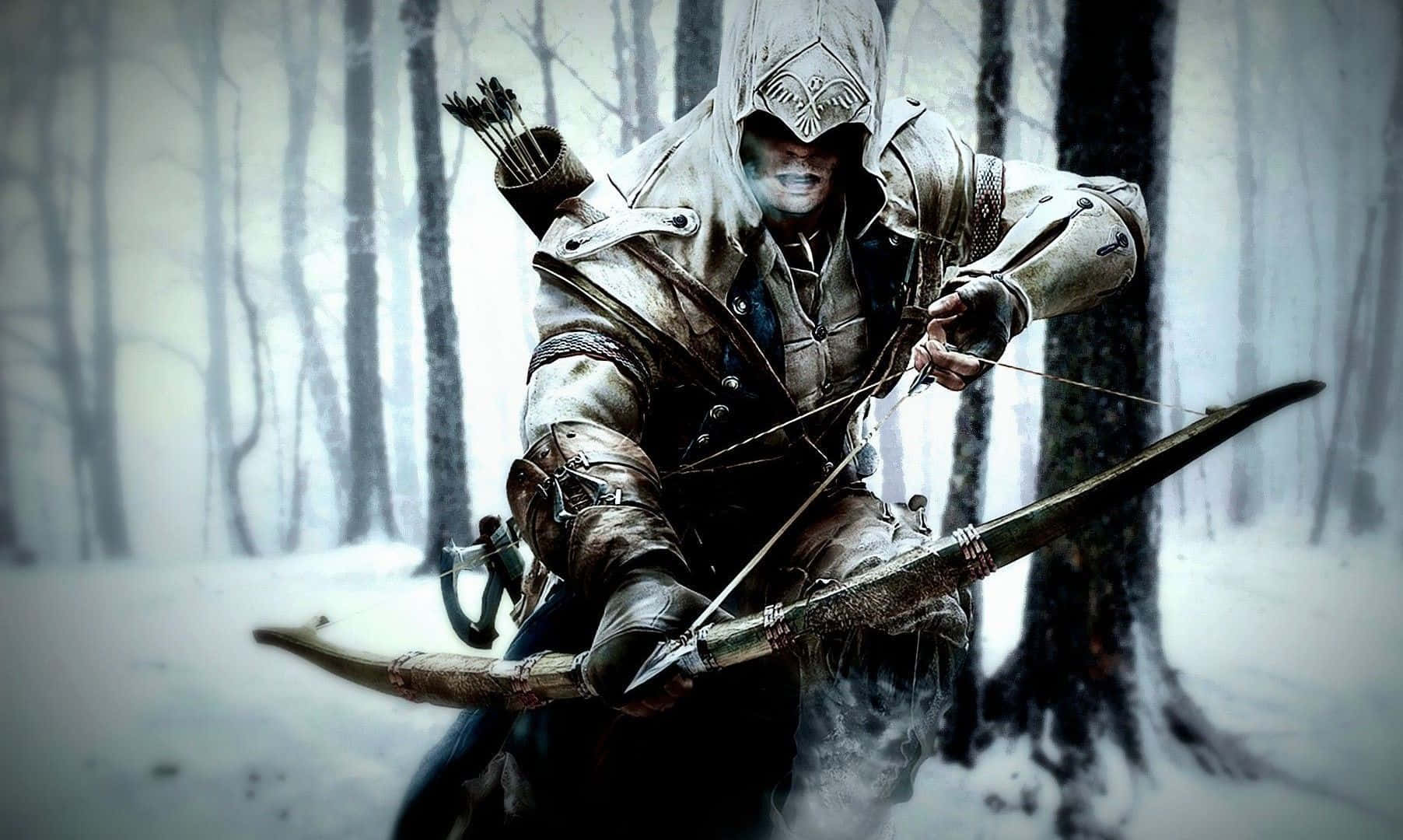 Connor Kenway, snowy forest, hooded assassin, HD Desktop Wallpaper