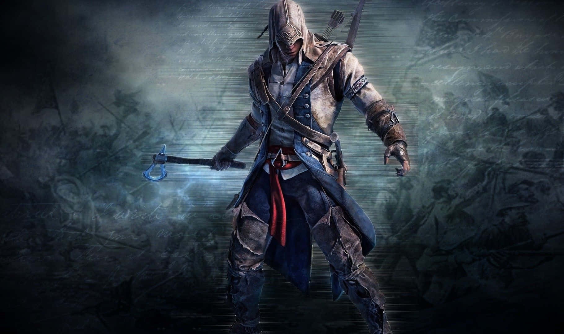Connor Kenway, tattered blue and white attire, glowing axe, HD Desktop Wallpaper