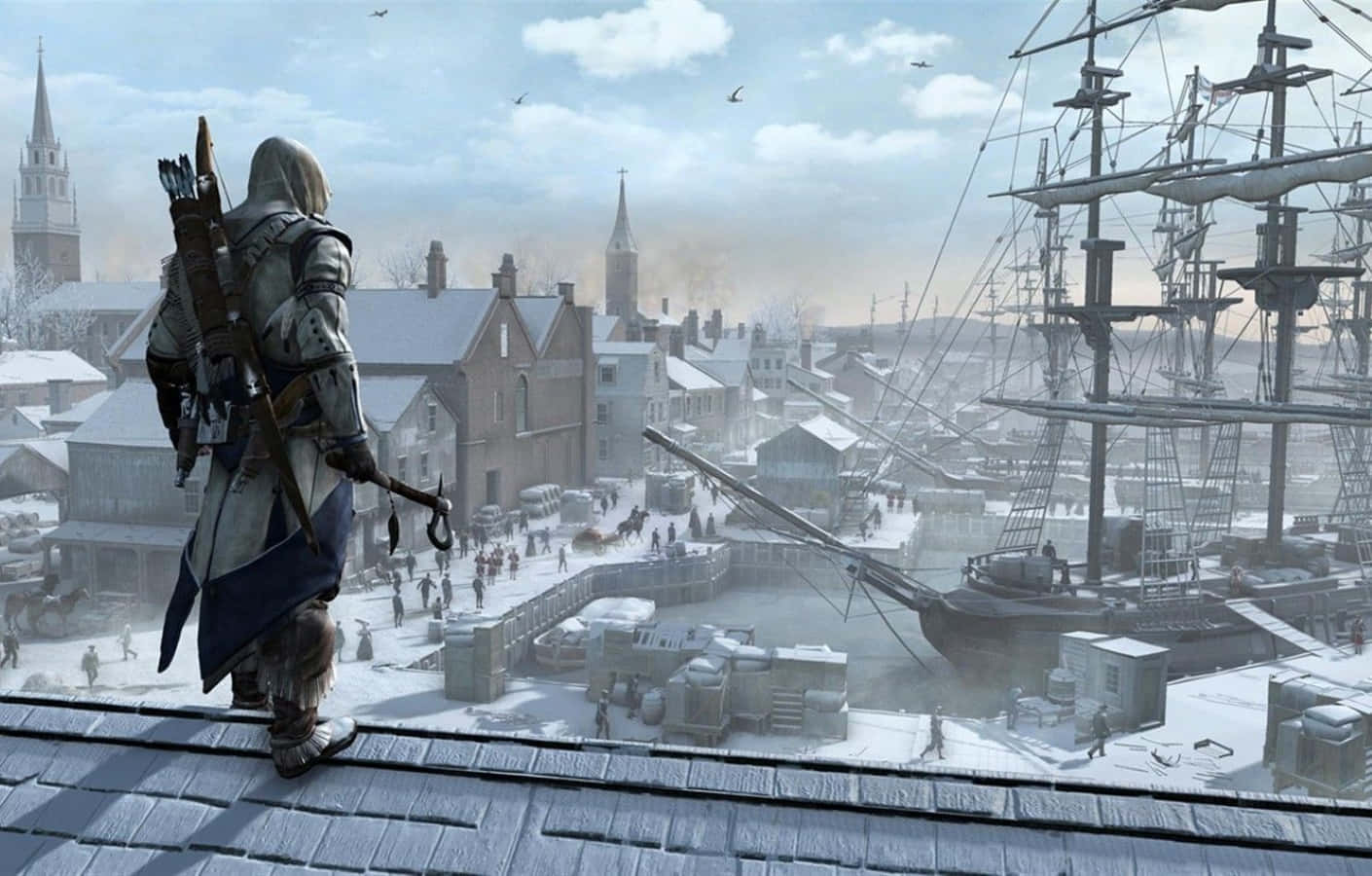 Connor Kenway, hooded robes, snowy rooftop, HD Desktop Wallpaper
