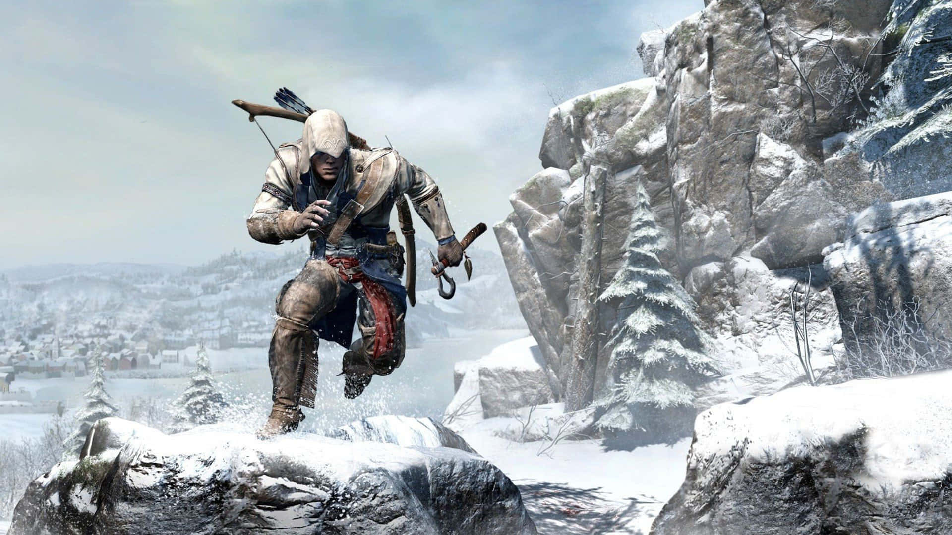 Connor Kenway, 1920 x 1080, snowy rocks, Full HD Desktop Wallpaper