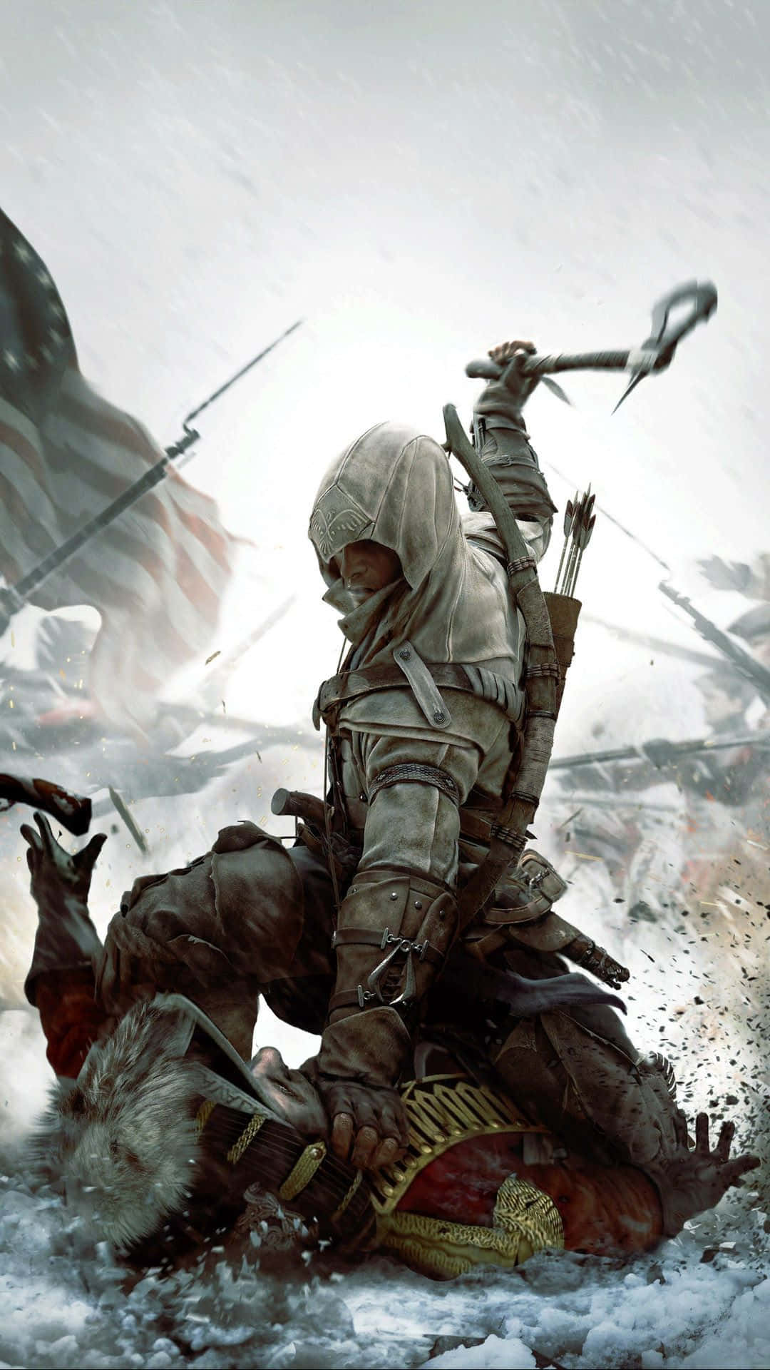 Connor Kenway, hooded assassin, snowy battle, Full HD Phone Wallpaper