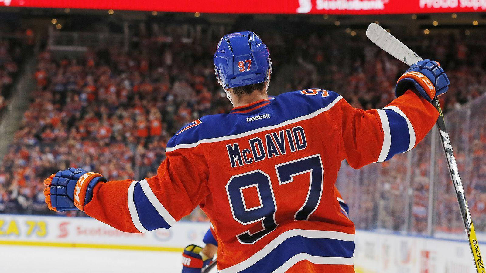 Connor McDavid, orange blue jersey, number 97, HD Desktop Wallpaper
