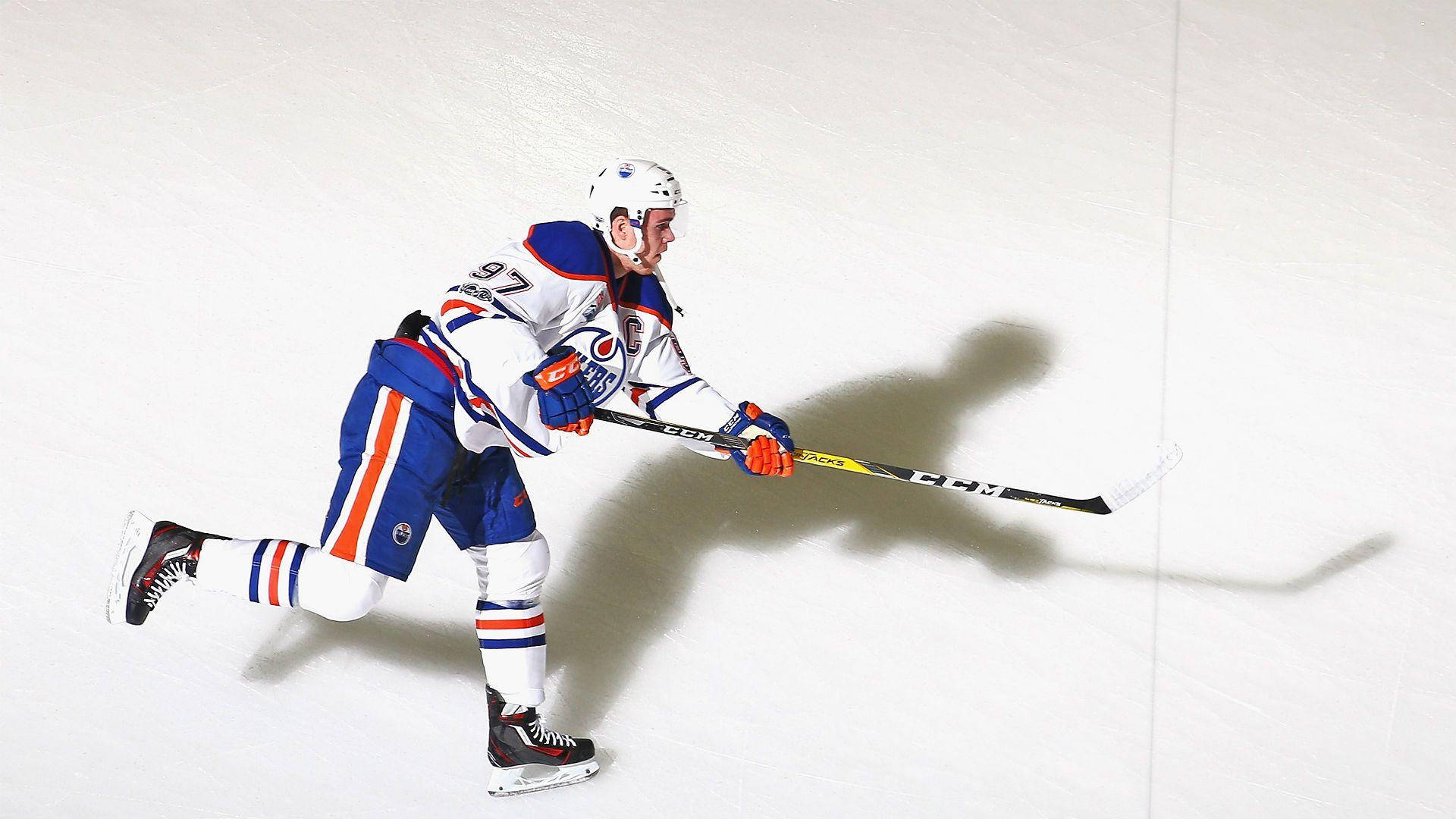 Connor McDavid, blue orange and white uniform, ice rink, Full HD Desktop Wallpaper